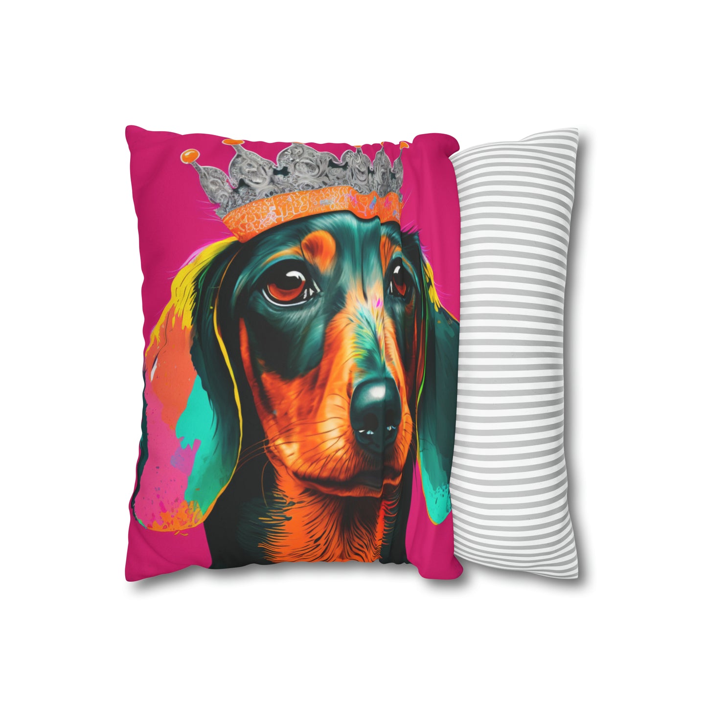 Vibrant Pop Art Crowned Dachshund - Faux Suede Wall Art: A playful and colorful Dachshund adorned with a crown, perfect for adding a touch of whimsy to your home decor.