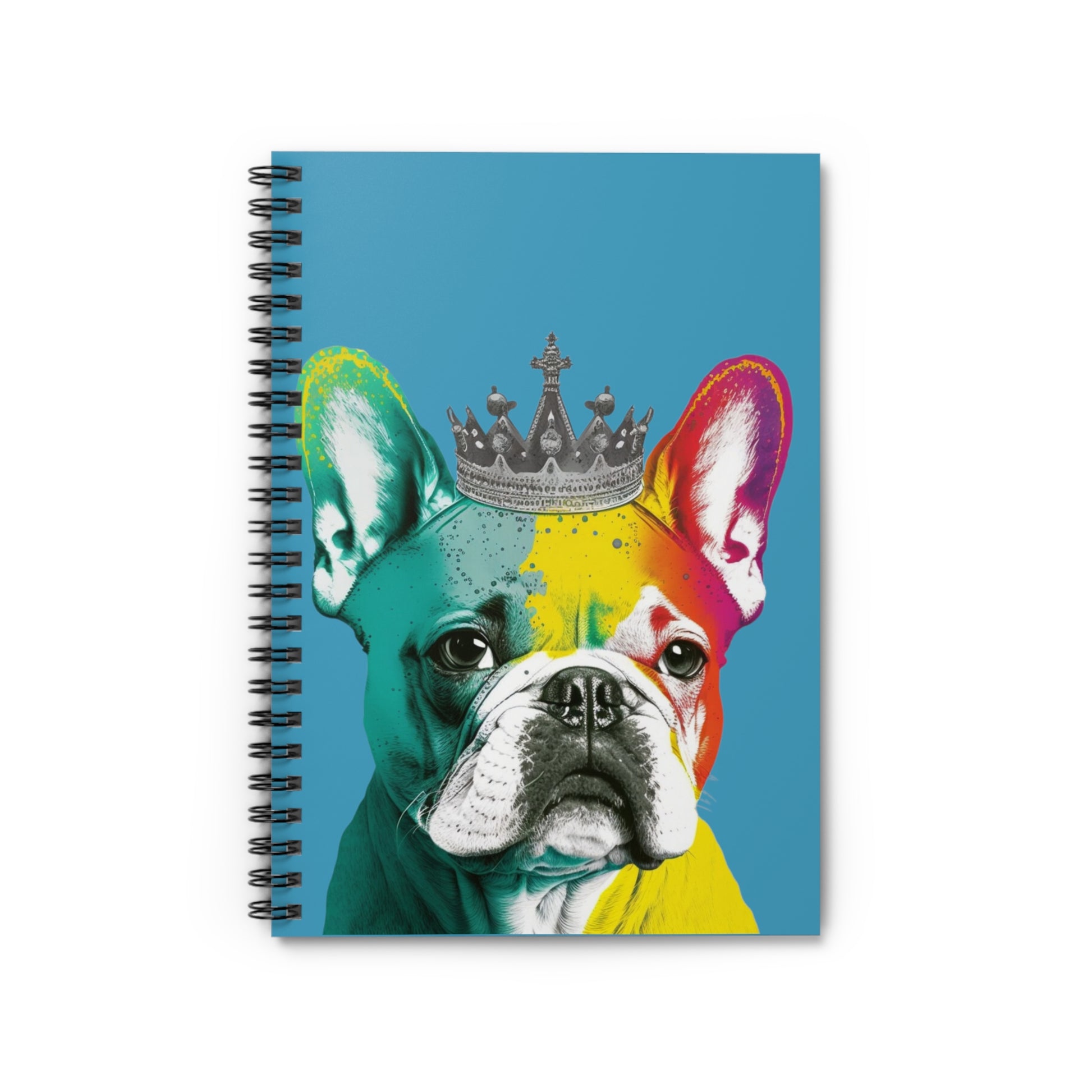 A notebook featuring a French Bulldog in vivid PopArt style against a royal blue background, perfect for adding a touch of artistic and canine charm to your notes.