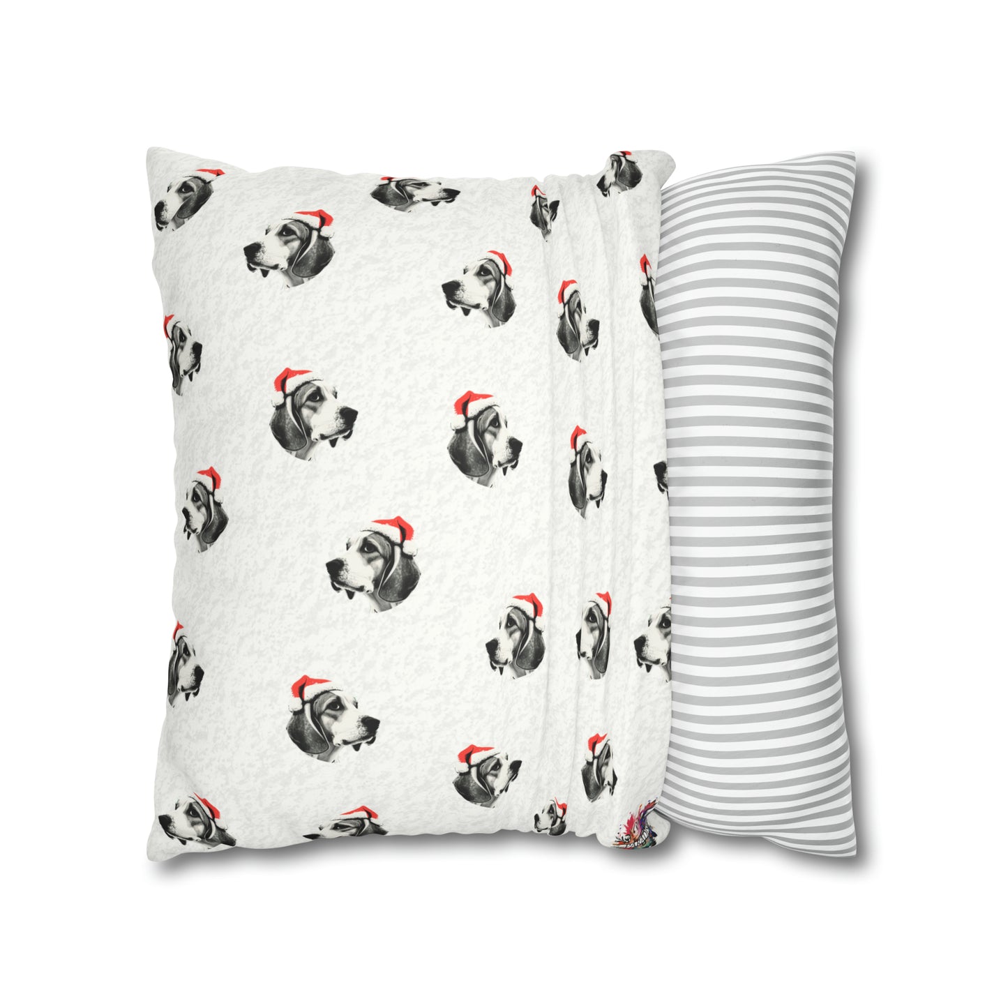 Festive Beagle Bliss Christmas Cushion Cover on White Faux Suede