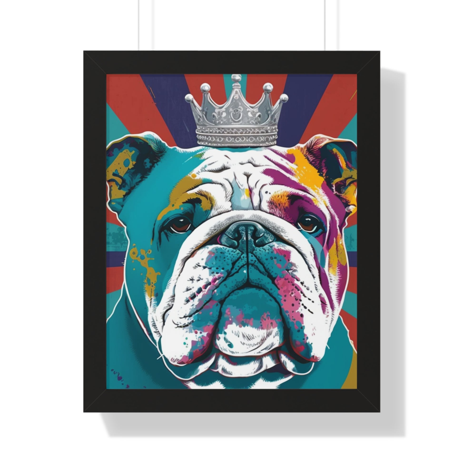 A vibrant framed canvas print featuring a PopArt British Bulldog, perfect for adding a bold and artistic touch to any interior space.