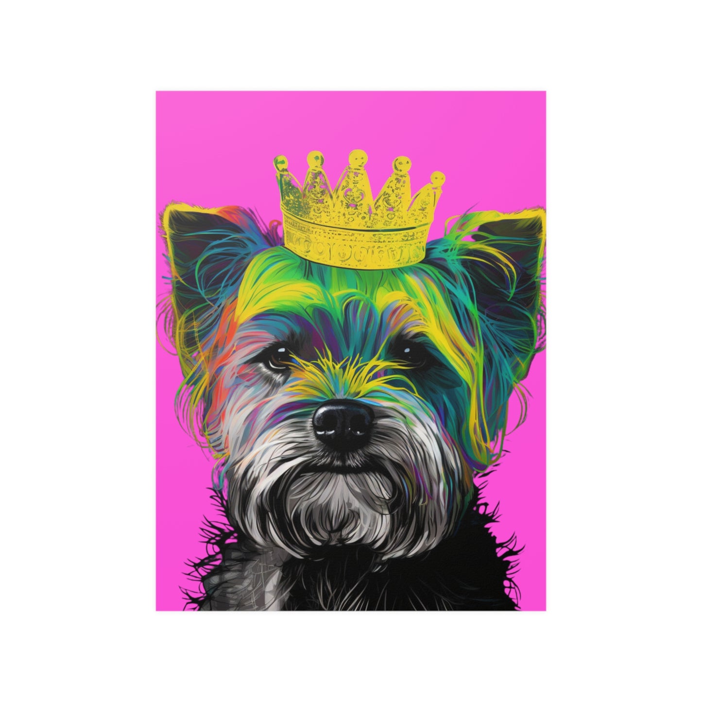 Eye-catching poster featuring a vibrant purple Pop Art depiction of a Yorkshire Terrier. The bold and playful design highlights the spirited personality of the Yorkie, making it a perfect artistic statement for any dog lover's home decor.