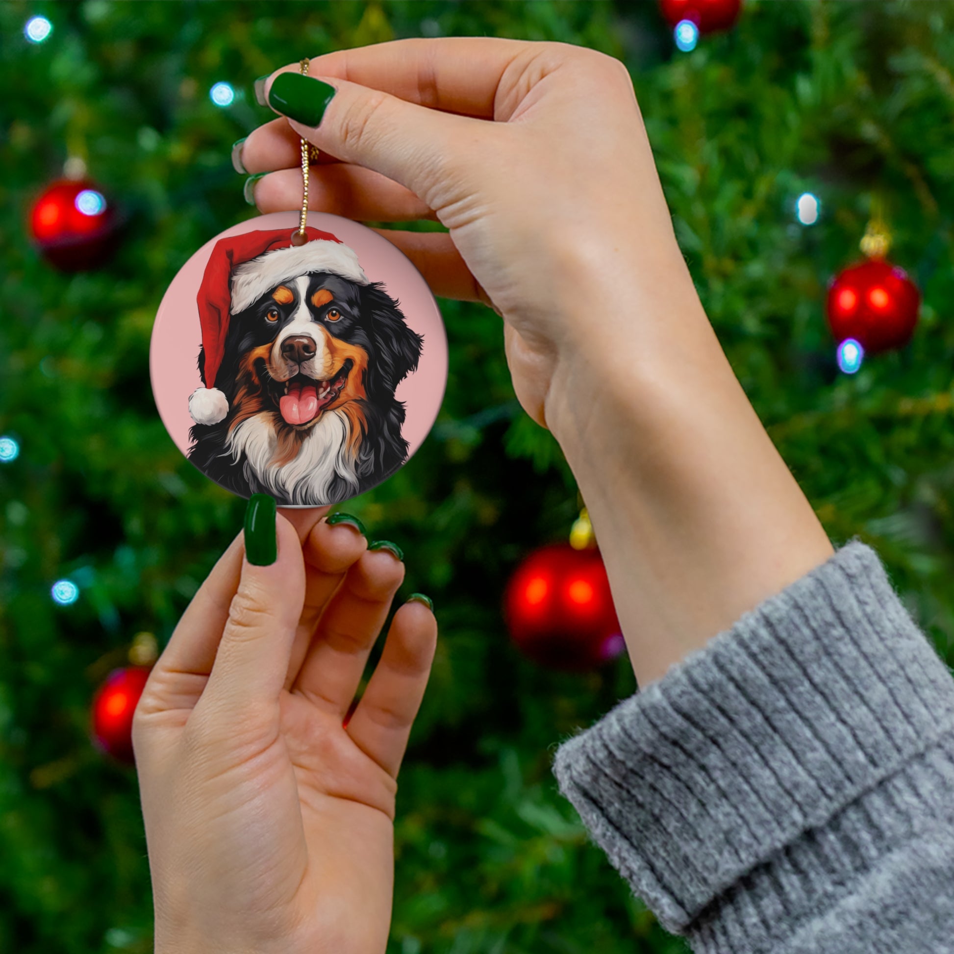 Exquisite Bernese Mountain Dog Christmas ornaments in both circle and heart shapes, featuring a stunning Bernese Mountain Dog in a festive holiday setting, perfect for adding seasonal charm to your holiday decor.