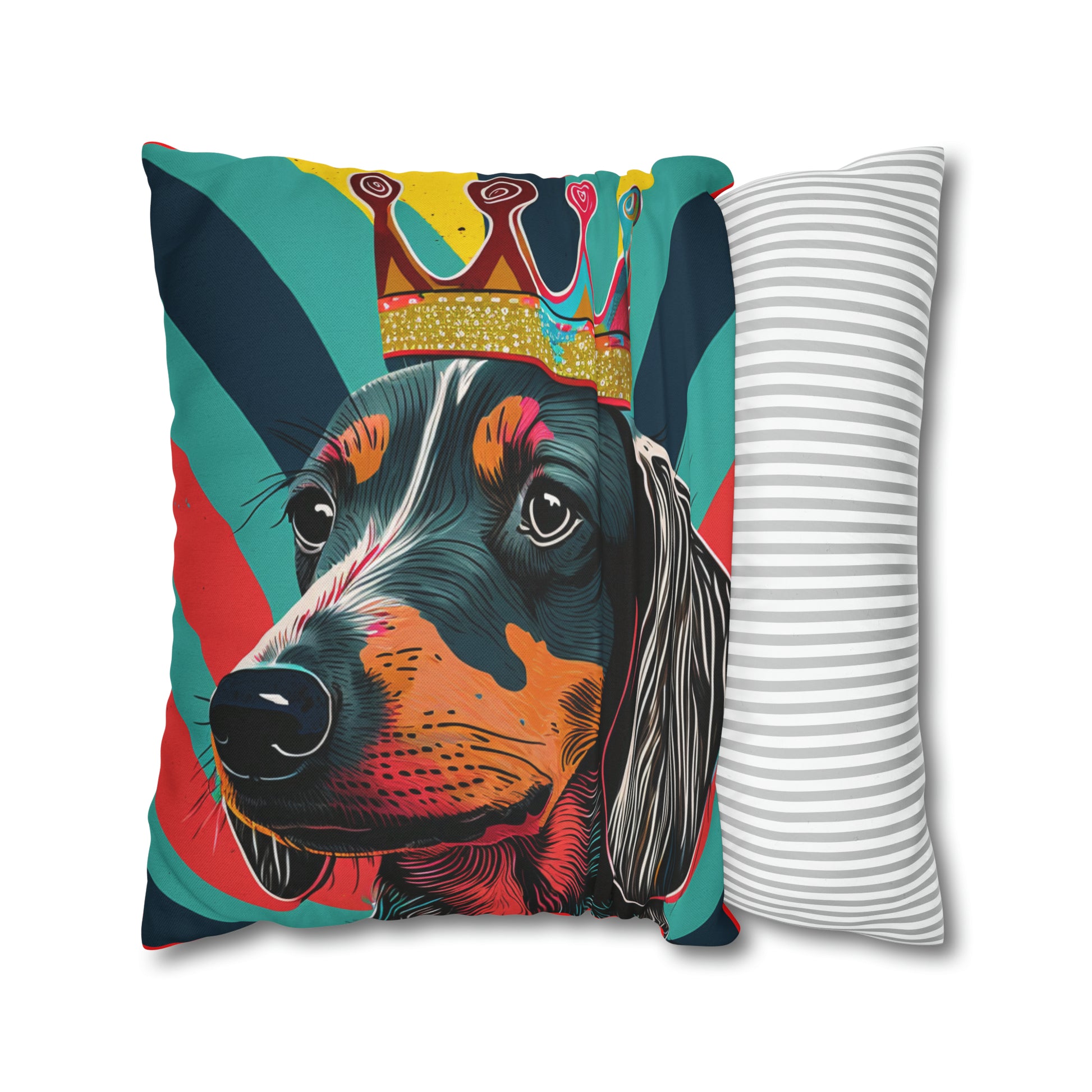 Pop Art Crowned Dachshund on Stripes cushion cover - A vibrant and artistic home decor accent featuring a colorful dachshund wearing a crown against a detailed striped background.