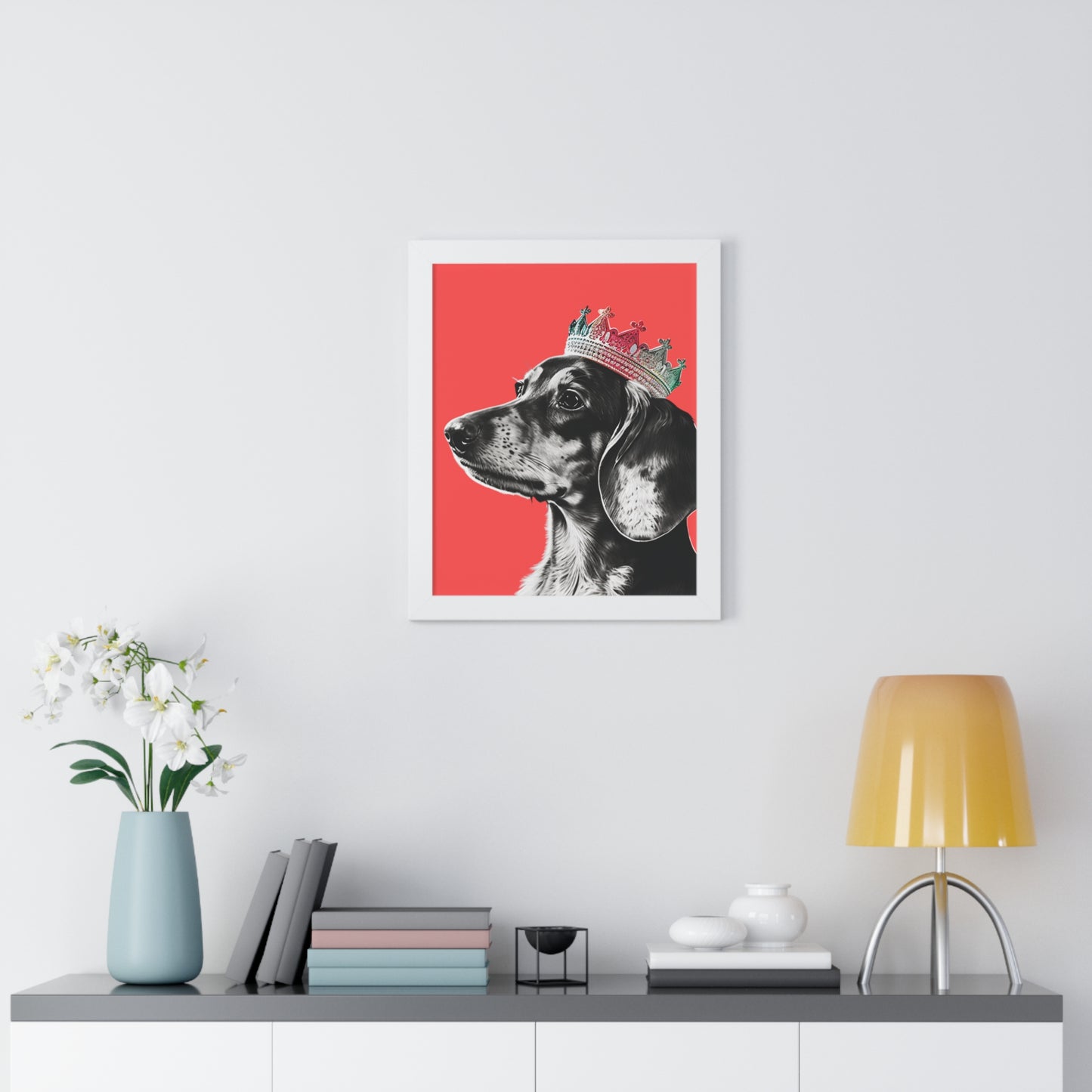 Dachshund on Coral Framed Art Print - Choice of White, Black, or Walnut Frame