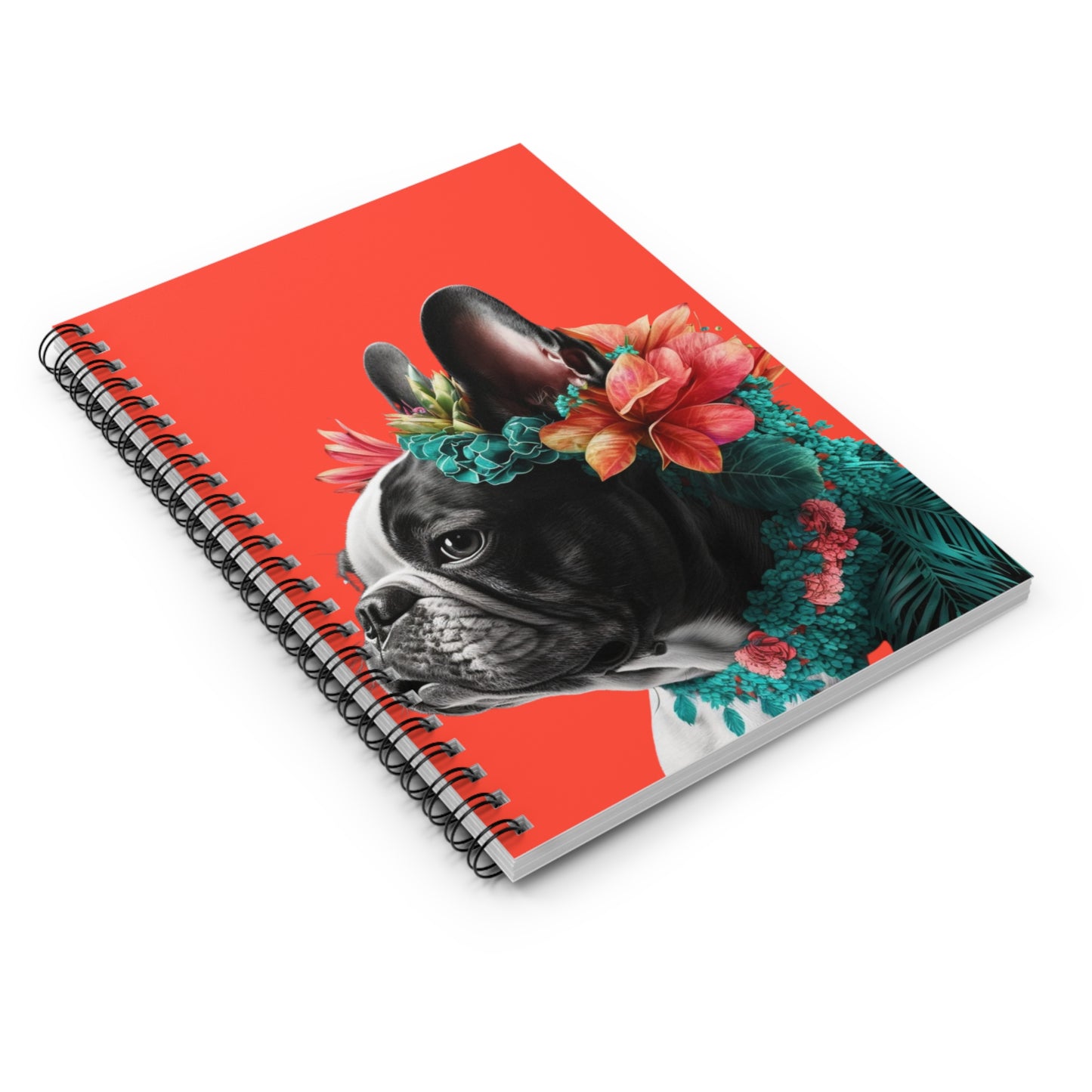 A coral notebook featuring an adorable French Bulldog amidst tropical vibes on the cover.