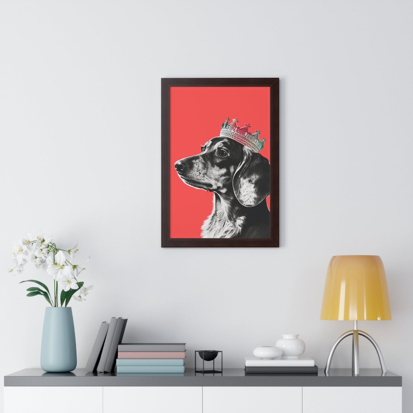 Dachshund on Coral Framed Art Print - Choice of White, Black, or Walnut Frame