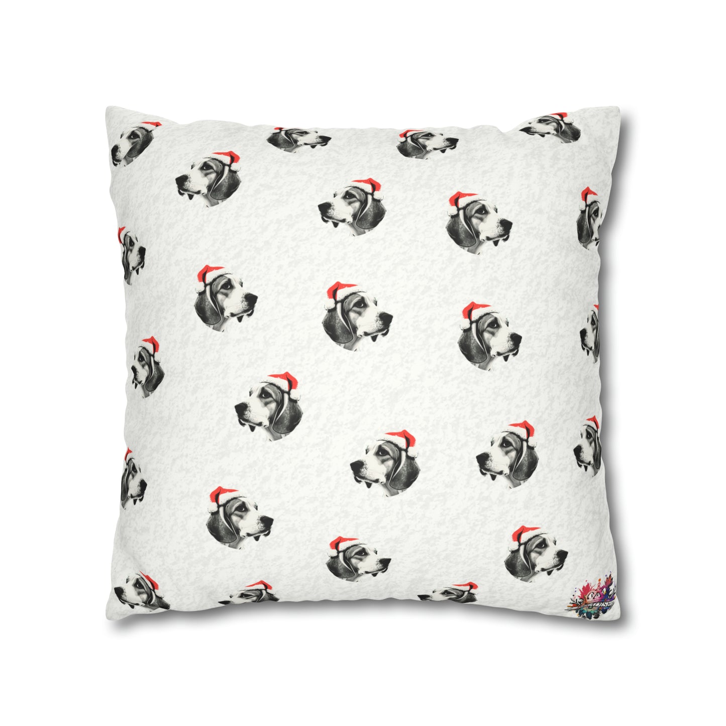 Festive Beagle Bliss Christmas Cushion Cover on White Faux Suede