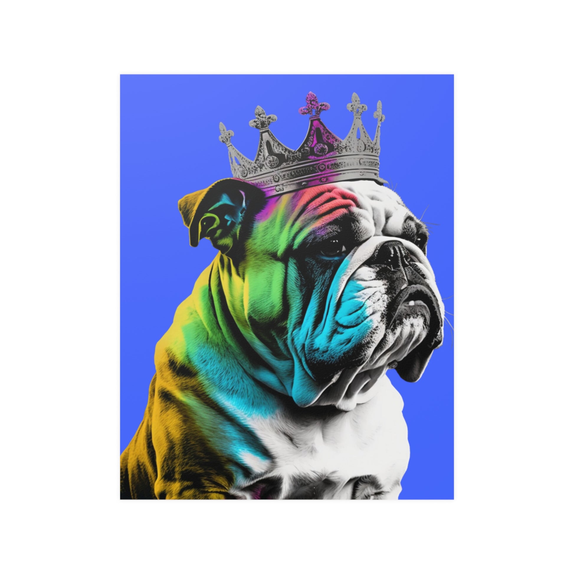 A British Bulldog portrayed in PopArt style, featuring bold outlines and colors on a vibrant blue background that captures the breed's distinctive character.