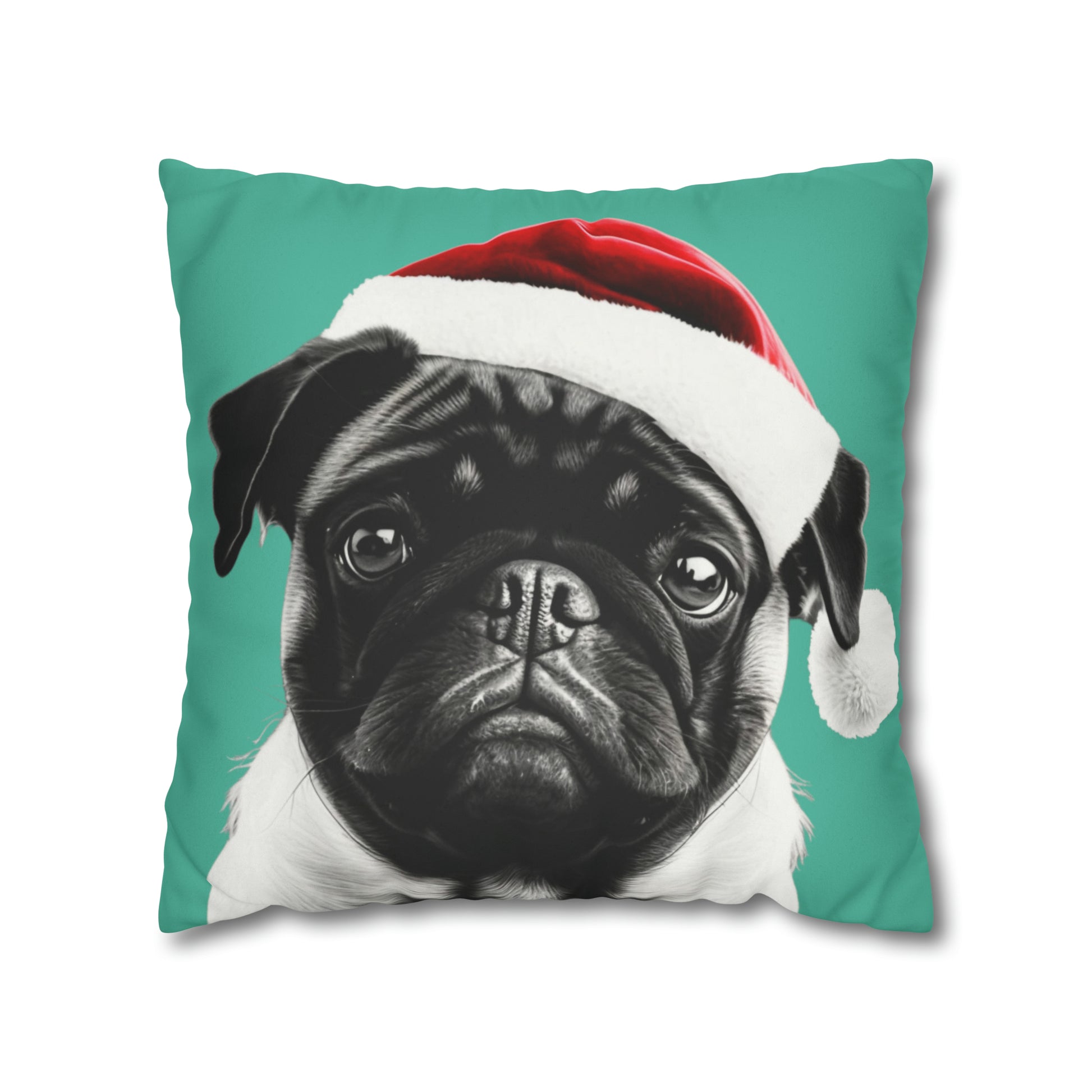 Adorable Pug Christmas Cushion Cover in Soft Faux Suede, featuring a festive pug design on a luxurious cushion, perfect for holiday decor.