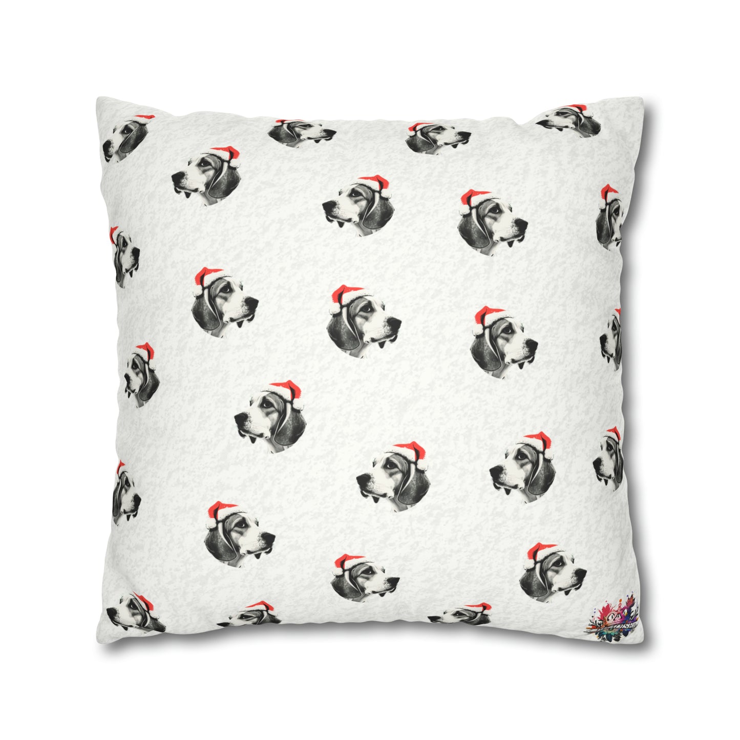 Festive Beagle Bliss Christmas Cushion Cover on White Faux Suede