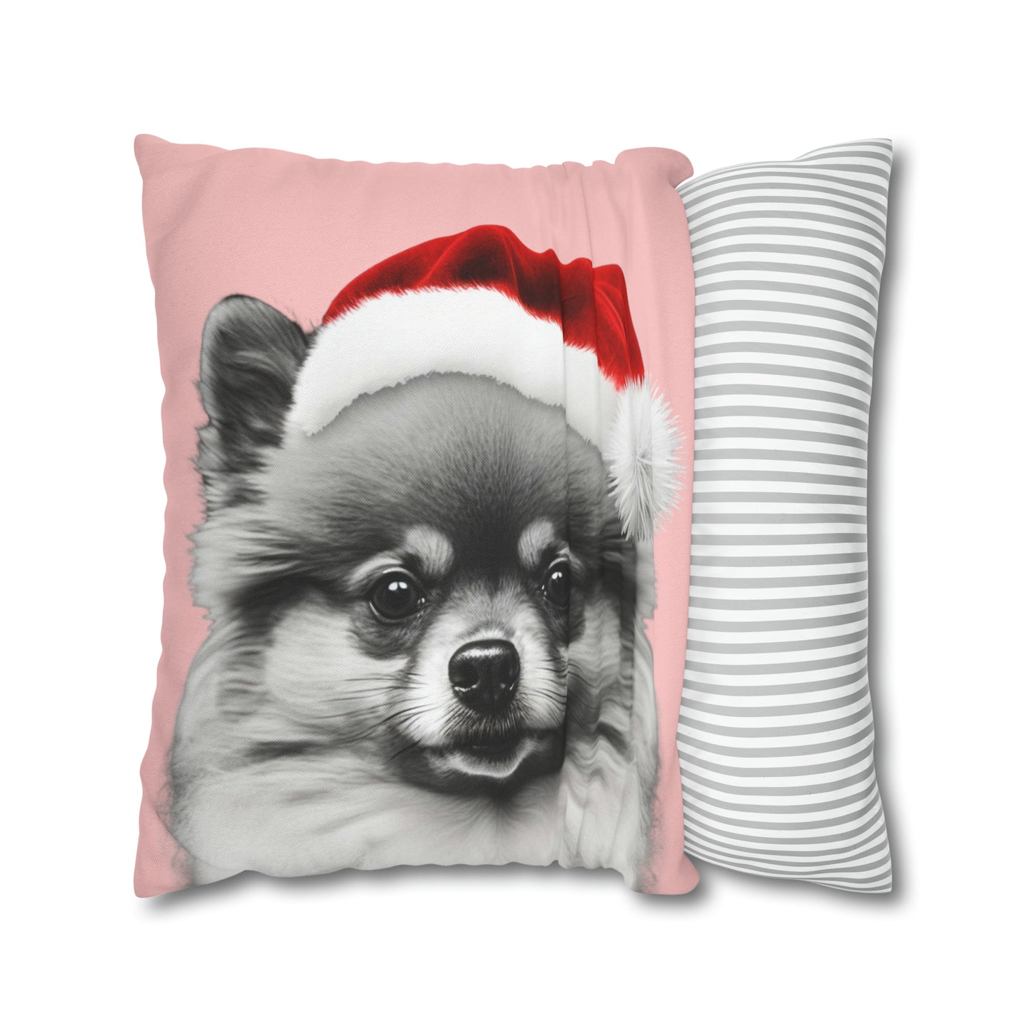 Christmas Pomeranian Cushion Cover on Pink Background