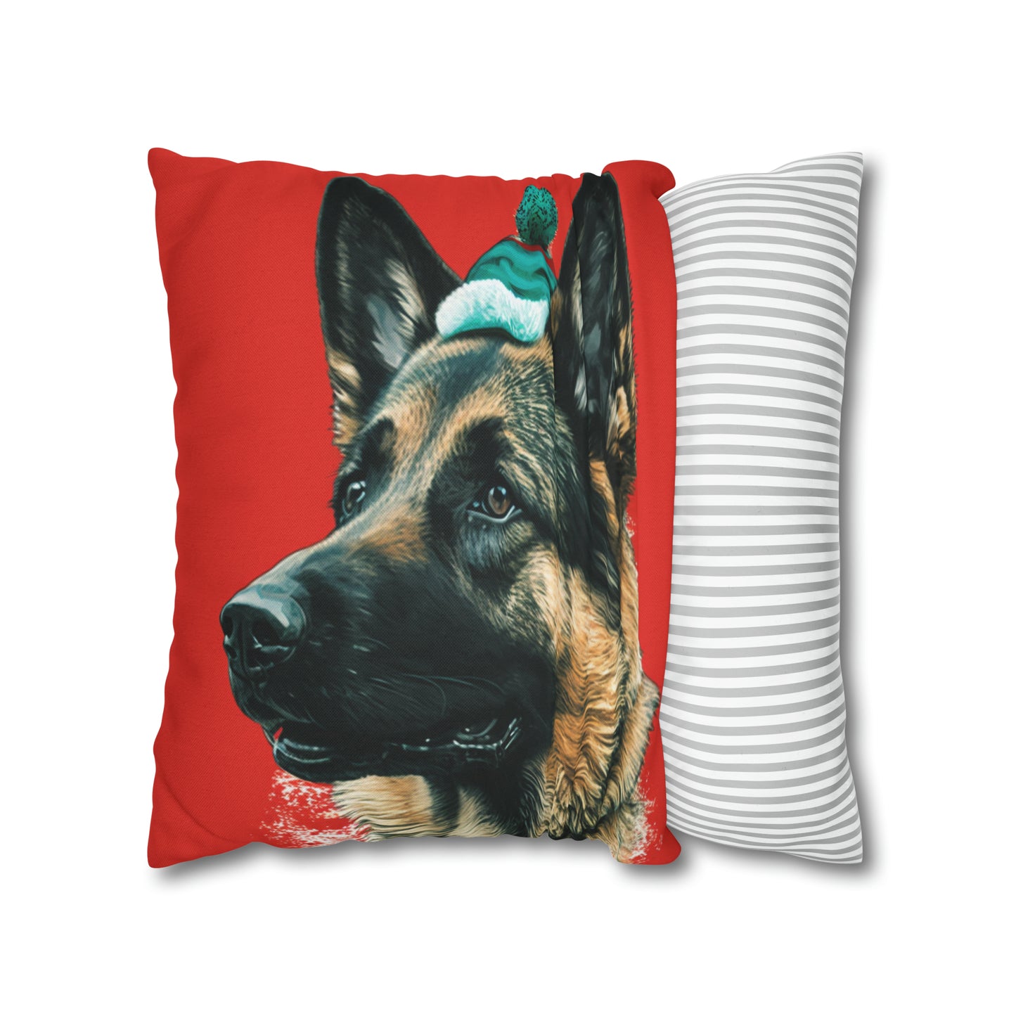 Festive German Shepherd Xmas Cushion on Red and White