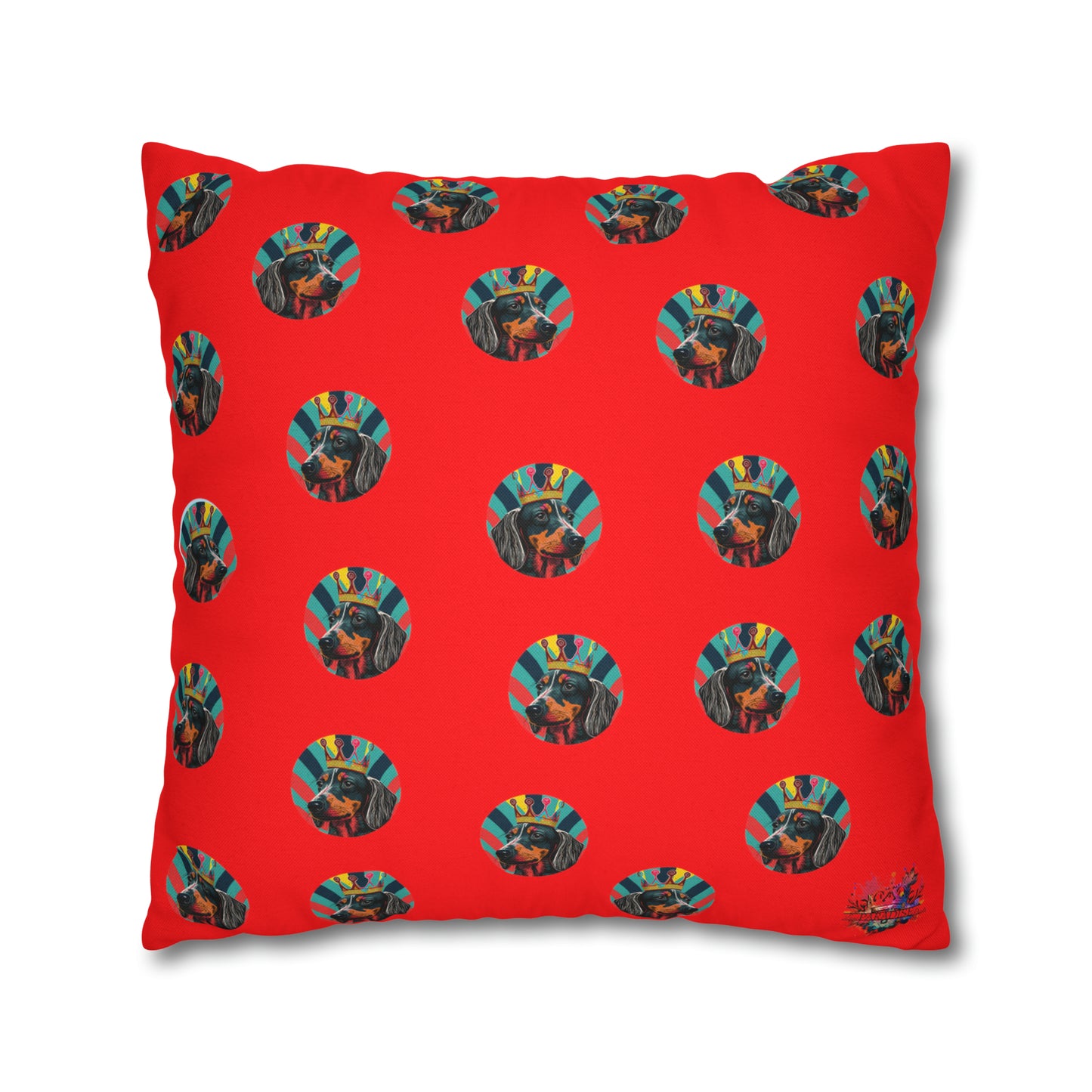 Pop Art Crowned Dachshund on Stripes cushion cover - A vibrant and artistic home decor accent featuring a colorful dachshund wearing a crown against a detailed striped background.