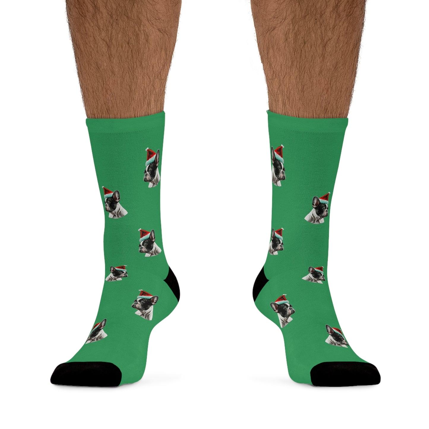 Green Christmas socks featuring a festive French Bulldog design, perfect for bringing holiday cheer and comfort to any dog lover's feet