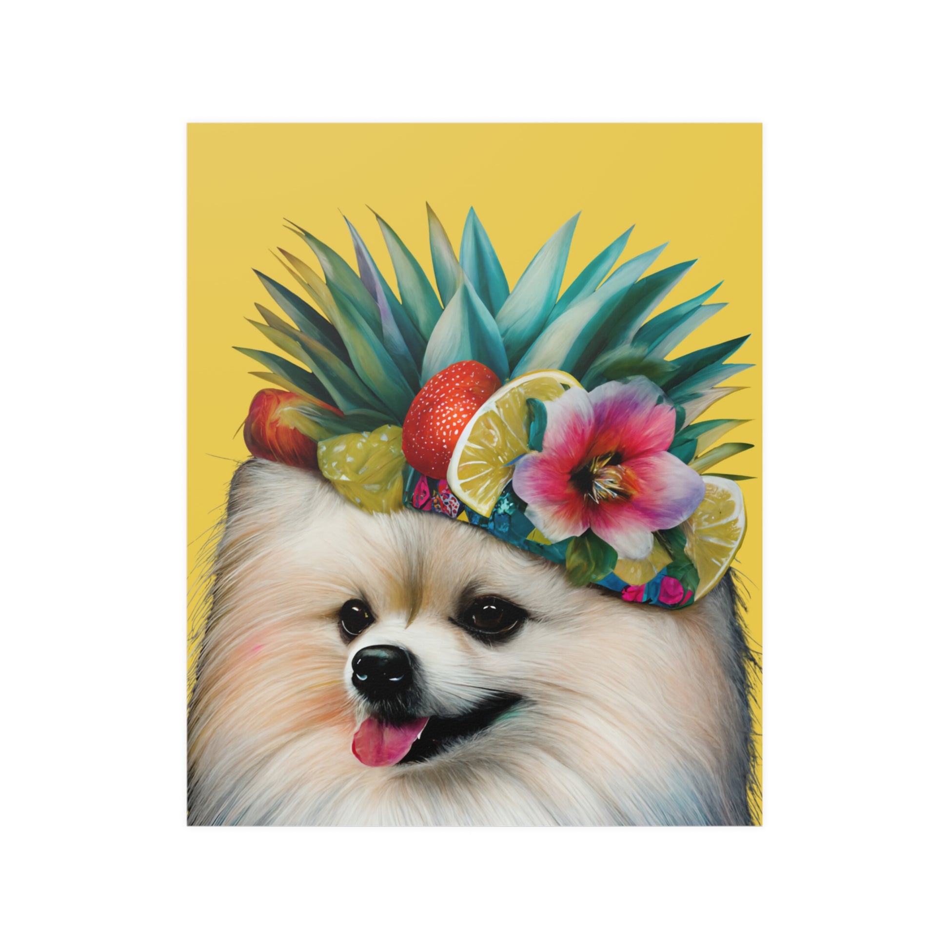 A brightly colored Pomeranian dog illustrated with a kaleidoscope of vibrant hues, set against a vivid yellow background on a high-quality poster print.