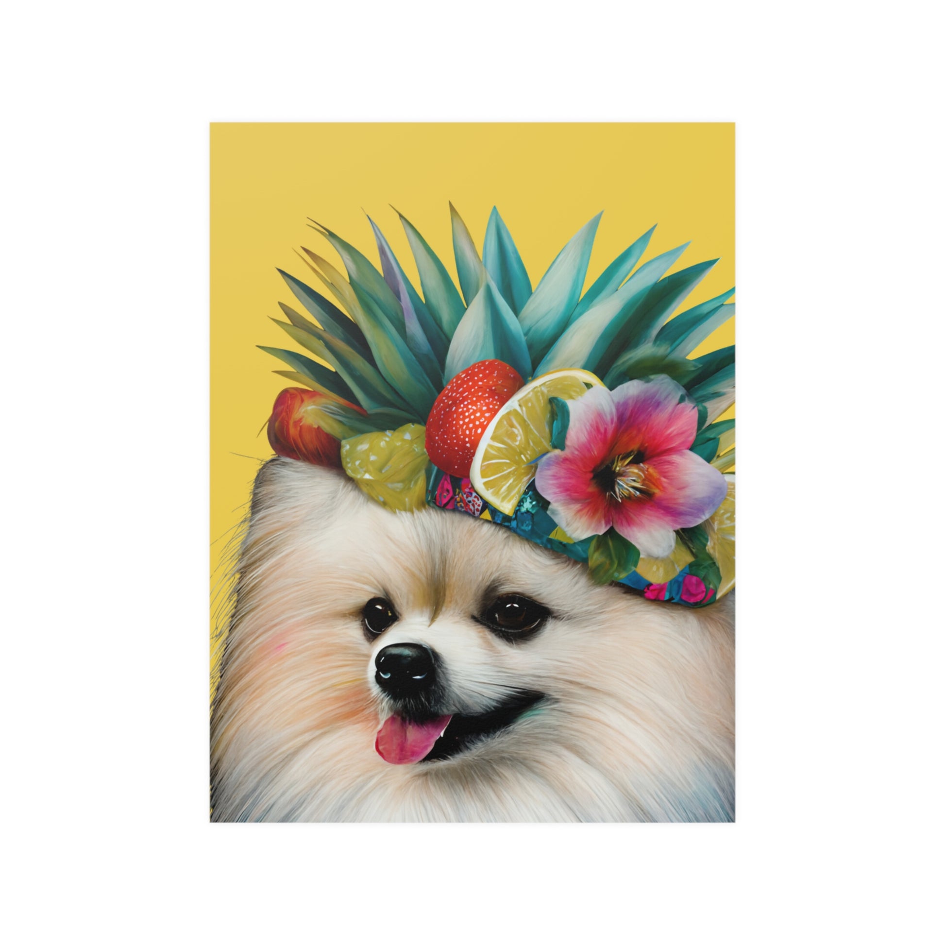 A brightly colored Pomeranian dog illustrated with a kaleidoscope of vibrant hues, set against a vivid yellow background on a high-quality poster print.