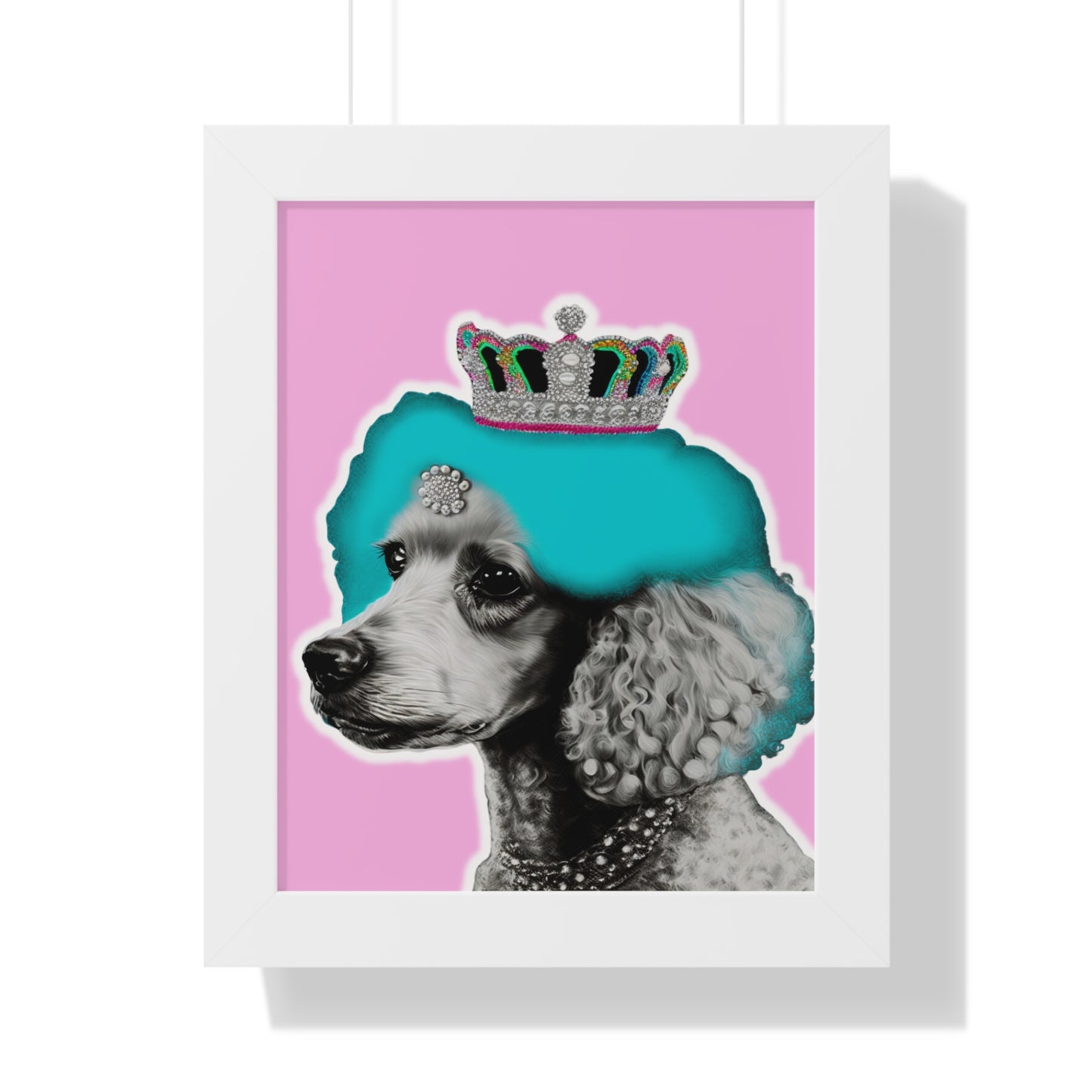 The 'Framed Crowned Pop Art Poodle Print on Pink' features a vibrant and colorful depiction of a poodle with a crown in pop art style, set within a choice of walnut, white, or black frames, adding an elegant and modern touch to home decor.