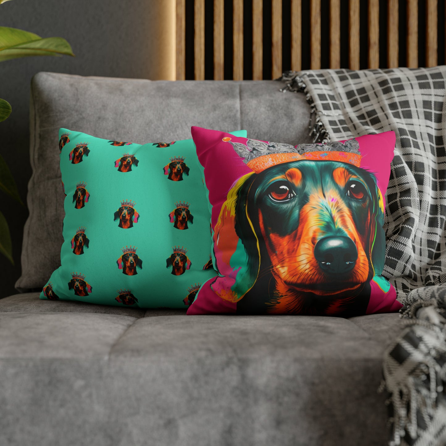 Vibrant Pop Art Crowned Dachshund - Faux Suede Wall Art: A playful and colorful Dachshund adorned with a crown, perfect for adding a touch of whimsy to your home decor.