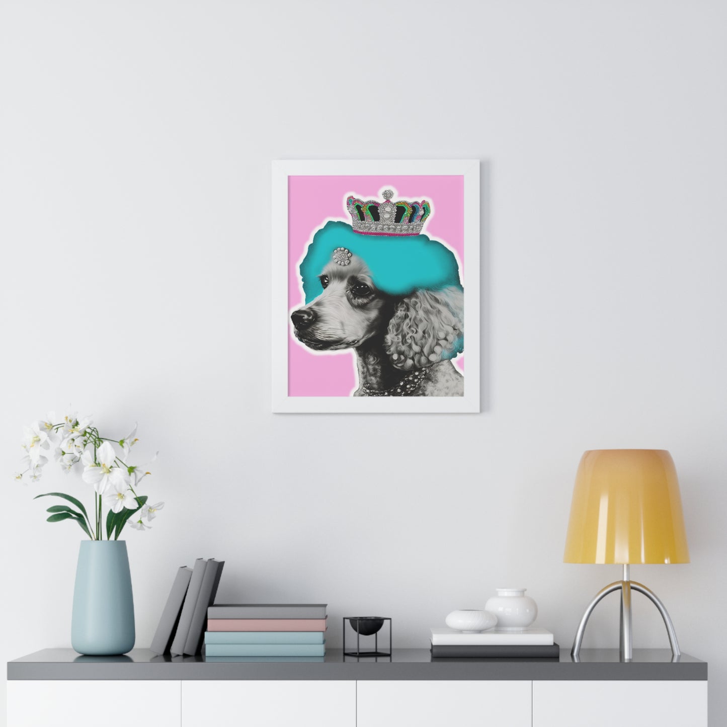 Framed Crowned Pop Art Poodle Print on Pink - Choose Walnut, White, or Black Frame