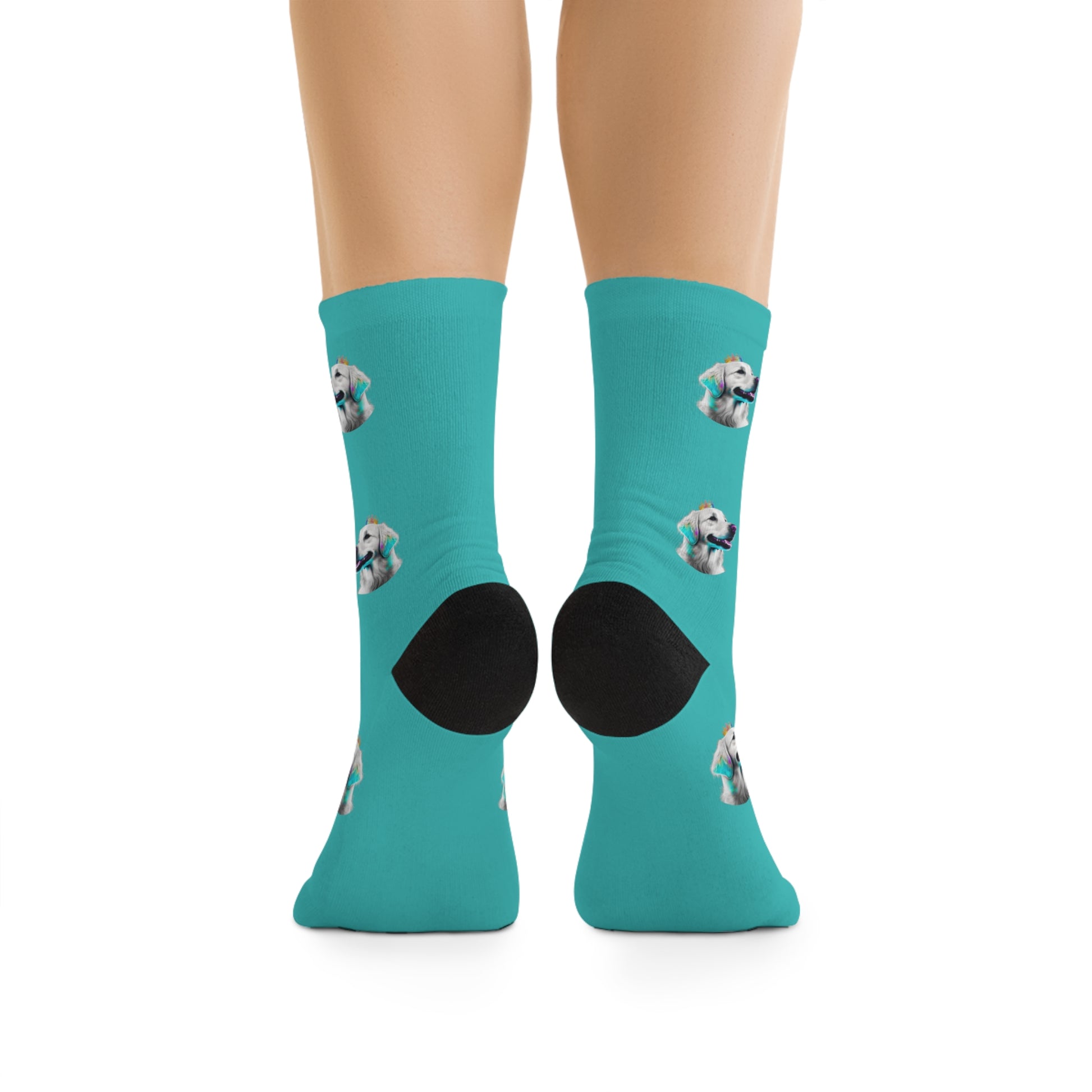 Stylish novelty socks featuring a regal Golden Retriever in PopArt style on a royal blue background, ideal for adding a touch of elegance and art to your attire.