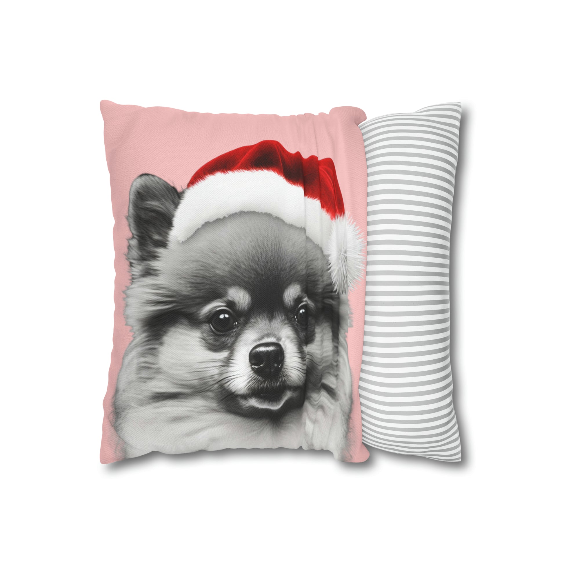 A cushion cover featuring a festive Pomeranian in holiday attire on a charming pink background, perfect for adding a cozy and cheerful touch to holiday decor