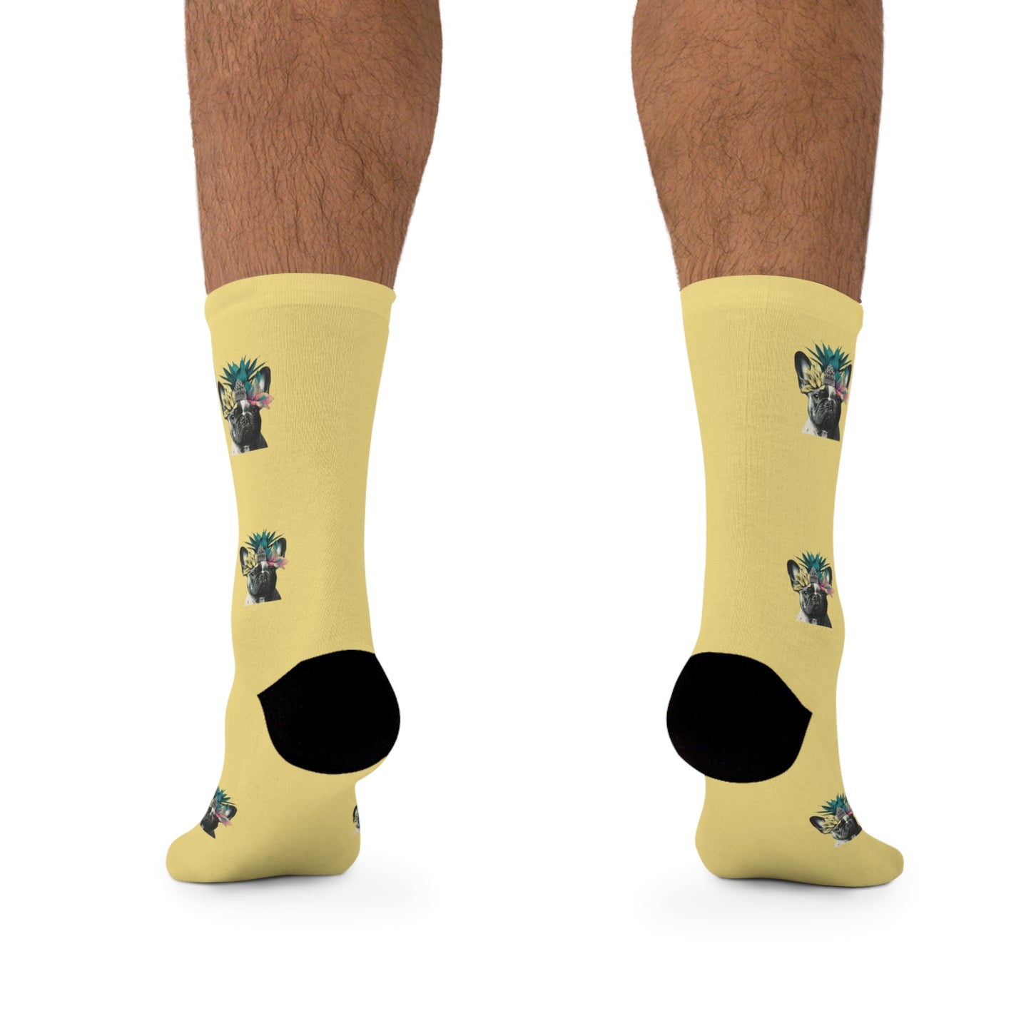 A pair of sunny yellow novelty socks featuring an adorable French Bulldog 