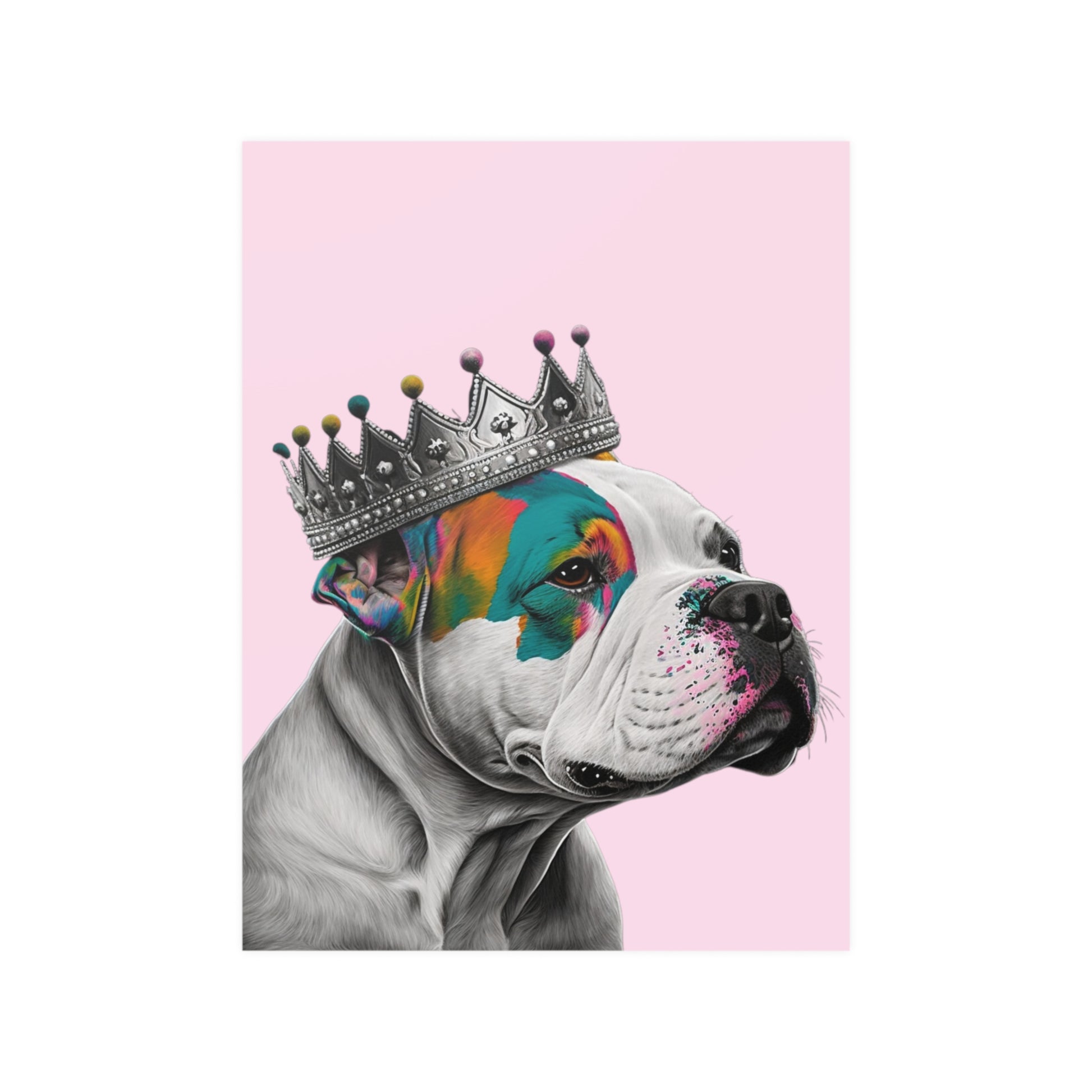 A regal XL Bully dog wearing a crown in vibrant pop art style on a pink poste