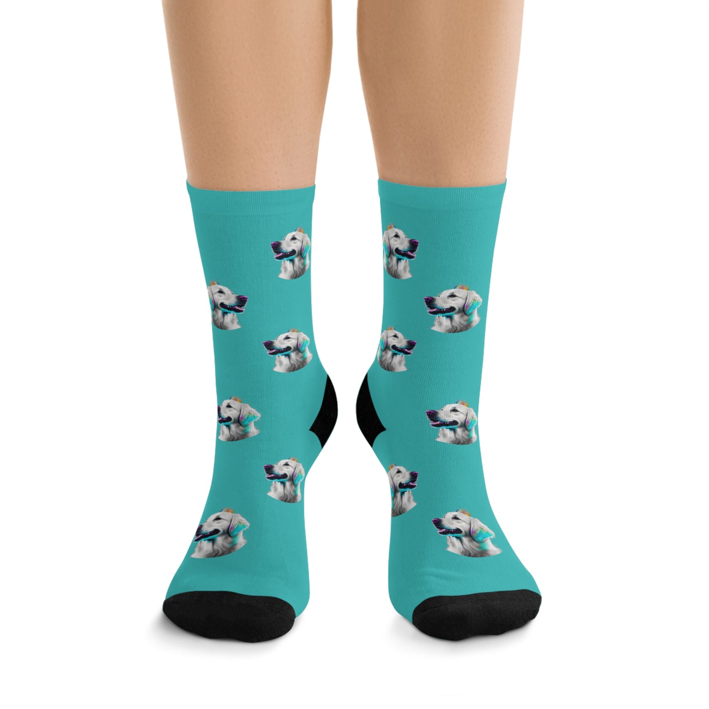 Stylish novelty socks featuring a regal Golden Retriever in PopArt style on a royal blue background, ideal for adding a touch of elegance and art to your attire.