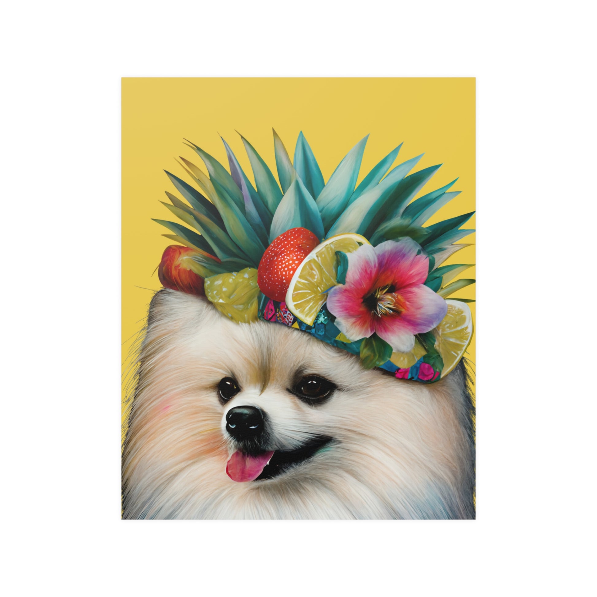 A brightly colored Pomeranian dog illustrated with a kaleidoscope of vibrant hues, set against a vivid yellow background on a high-quality poster print.