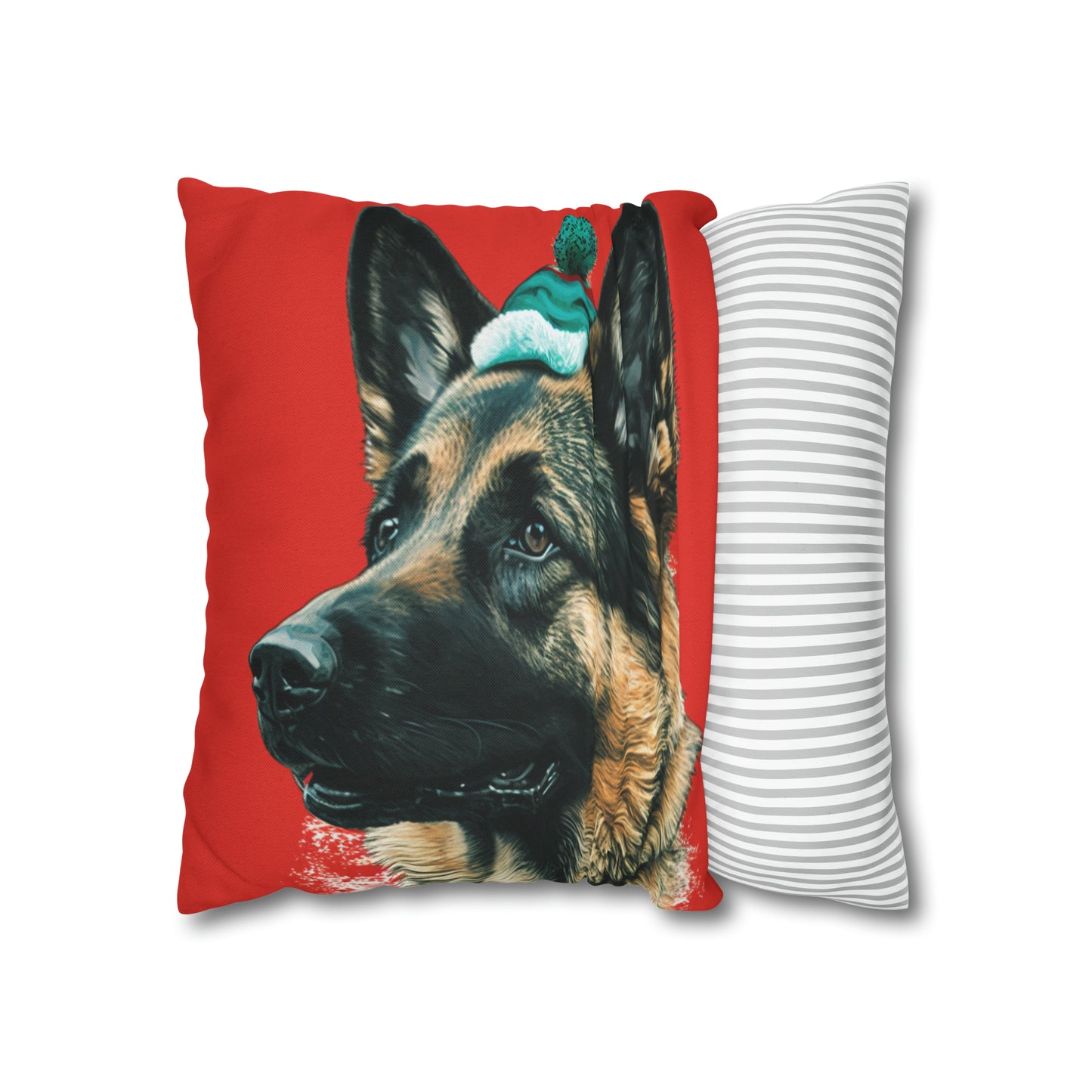 Festive German Shepherd Xmas Cushion on Red and White - A charming holiday cushion cover featuring a majestic German Shepherd in a festive Christmas setting against a backdrop of classic red and white, perfect for adding holiday spirit to your home decor.