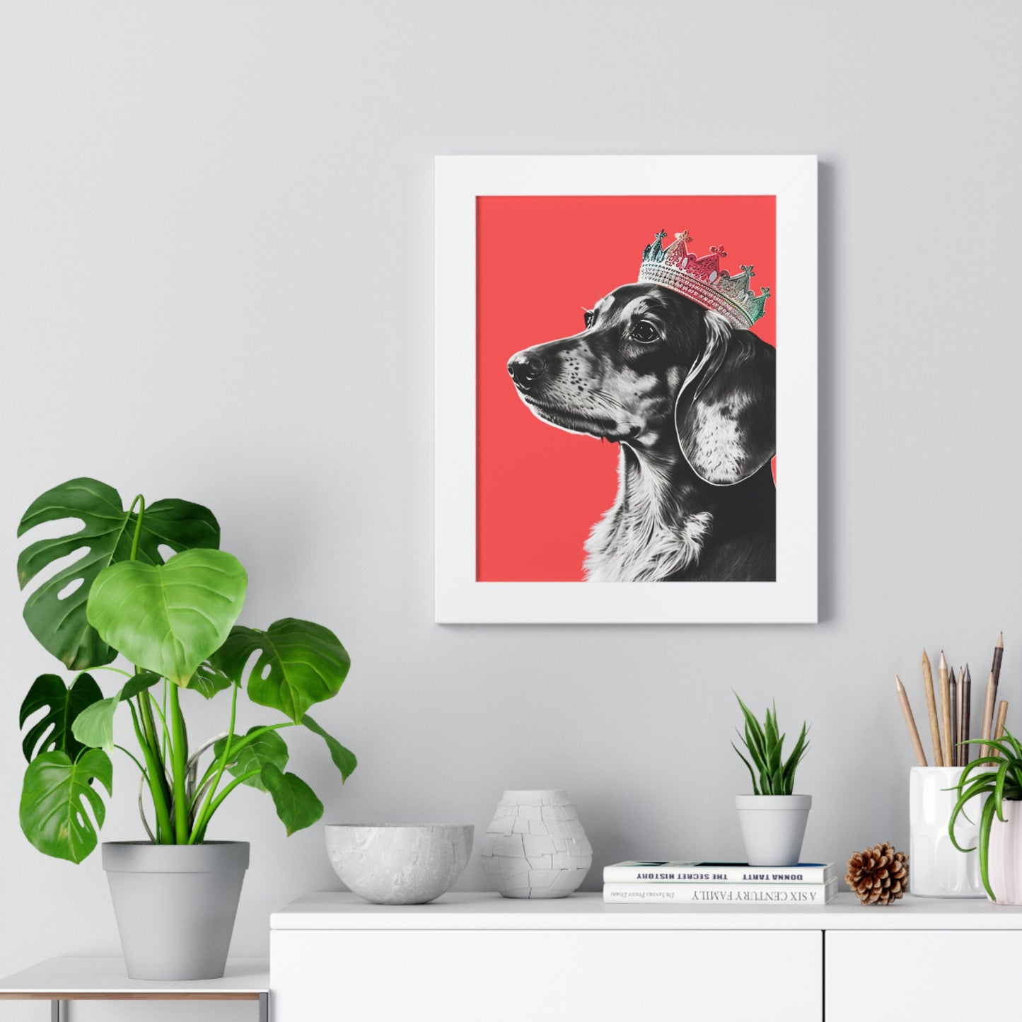 Dachshund on Coral Framed Art Print - Choice of White, Black, or Walnut Frame