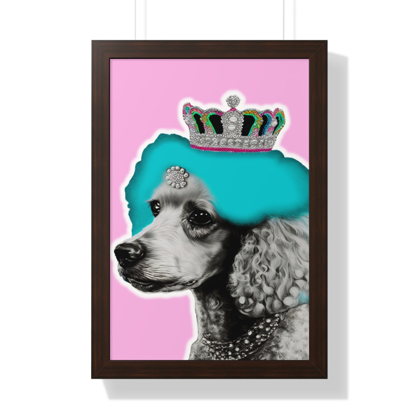 Framed Crowned Pop Art Poodle Print on Pink - Choose Walnut, White, or Black Frame