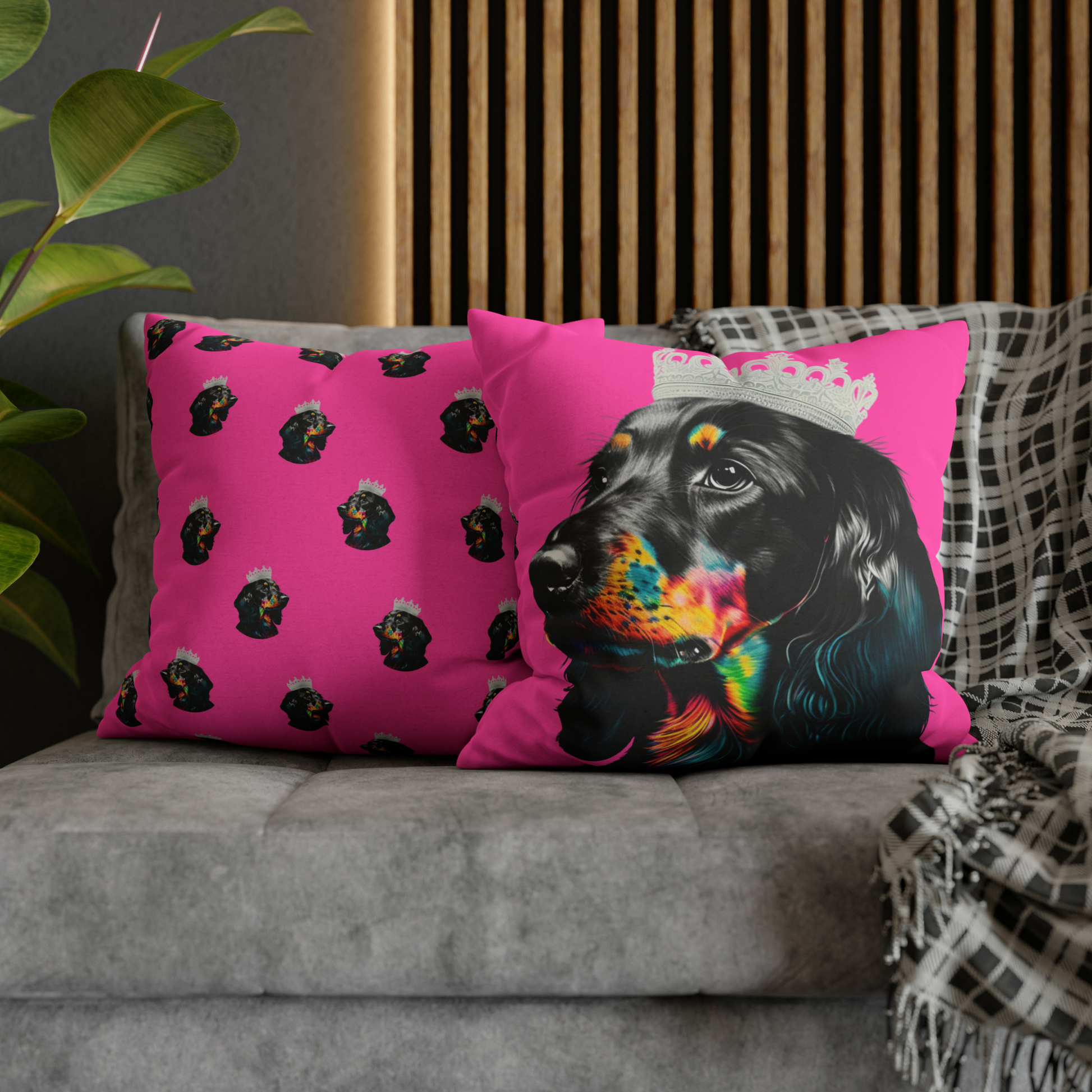 A whimsical cushion cover featuring a princess Dachshund in regal attire on a pink background, perfect for adding a touch of canine royalty to your home decor.