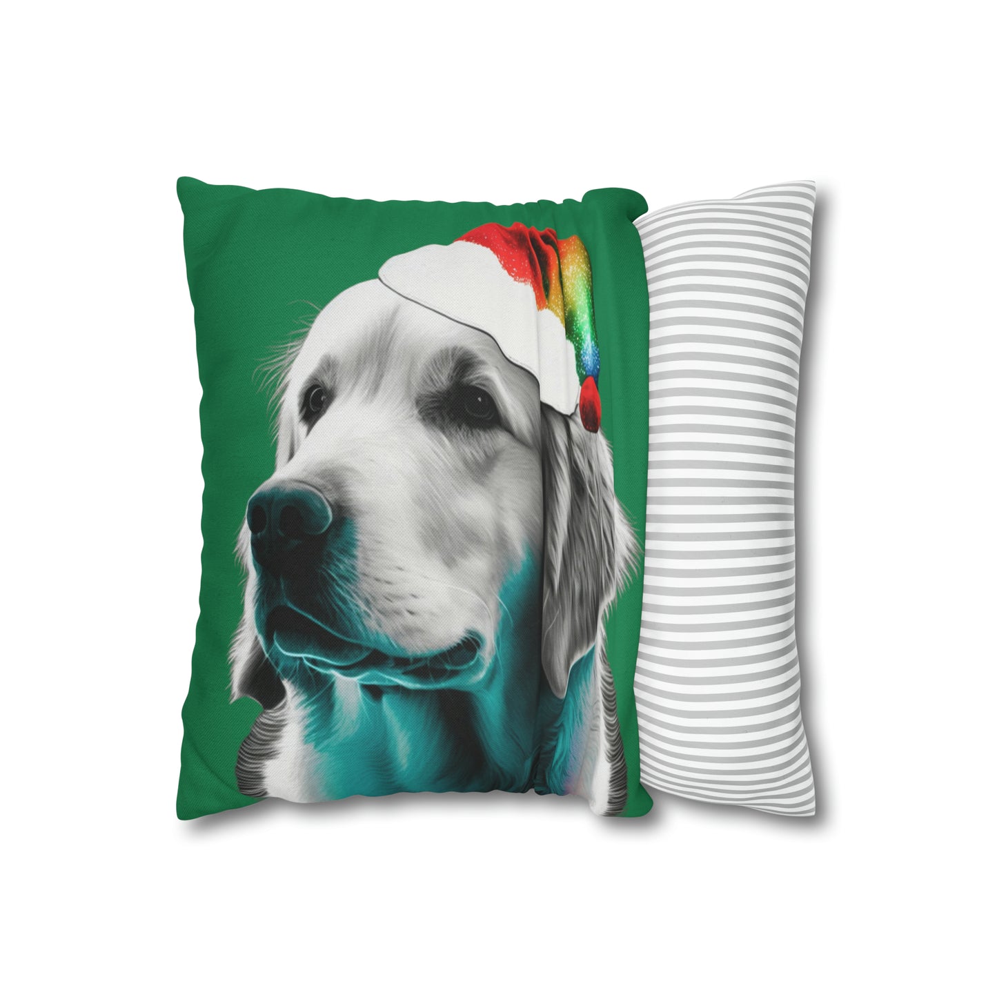 A PopArt depiction of a Golden Retriever wearing a colorful Santa hat set against a festive green background, perfect for holiday decorating.