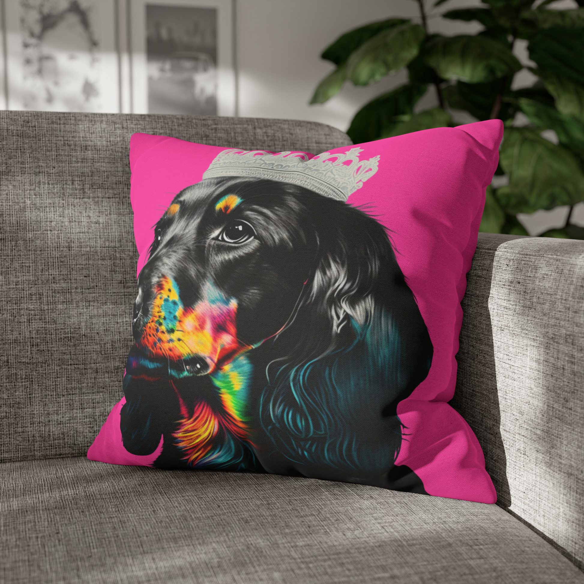 A whimsical cushion cover featuring a princess Dachshund in regal attire on a pink background, perfect for adding a touch of canine royalty to your home decor.