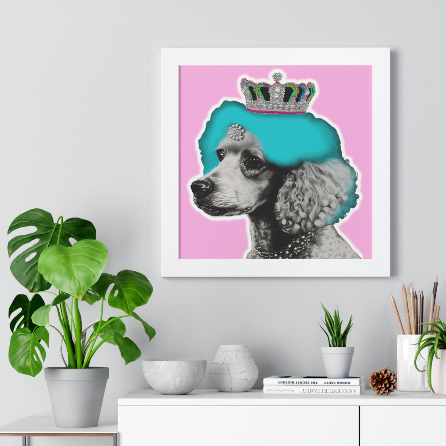 Framed Crowned Pop Art Poodle Print on Pink - Choose Walnut, White, or Black Frame