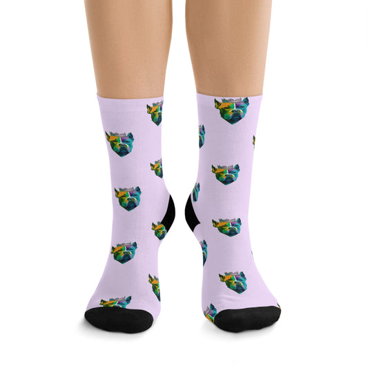 Sustainable purple socks featuring an XL Bully design, perfect for eco-conscious dog lovers seeking both style and environmental responsibility.