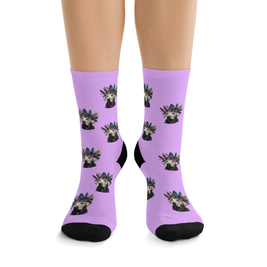 Vibrant purple novelty socks featuring a joyful Tropical Retriever design, ideal for adding a playful and colorful touch to any outfit.