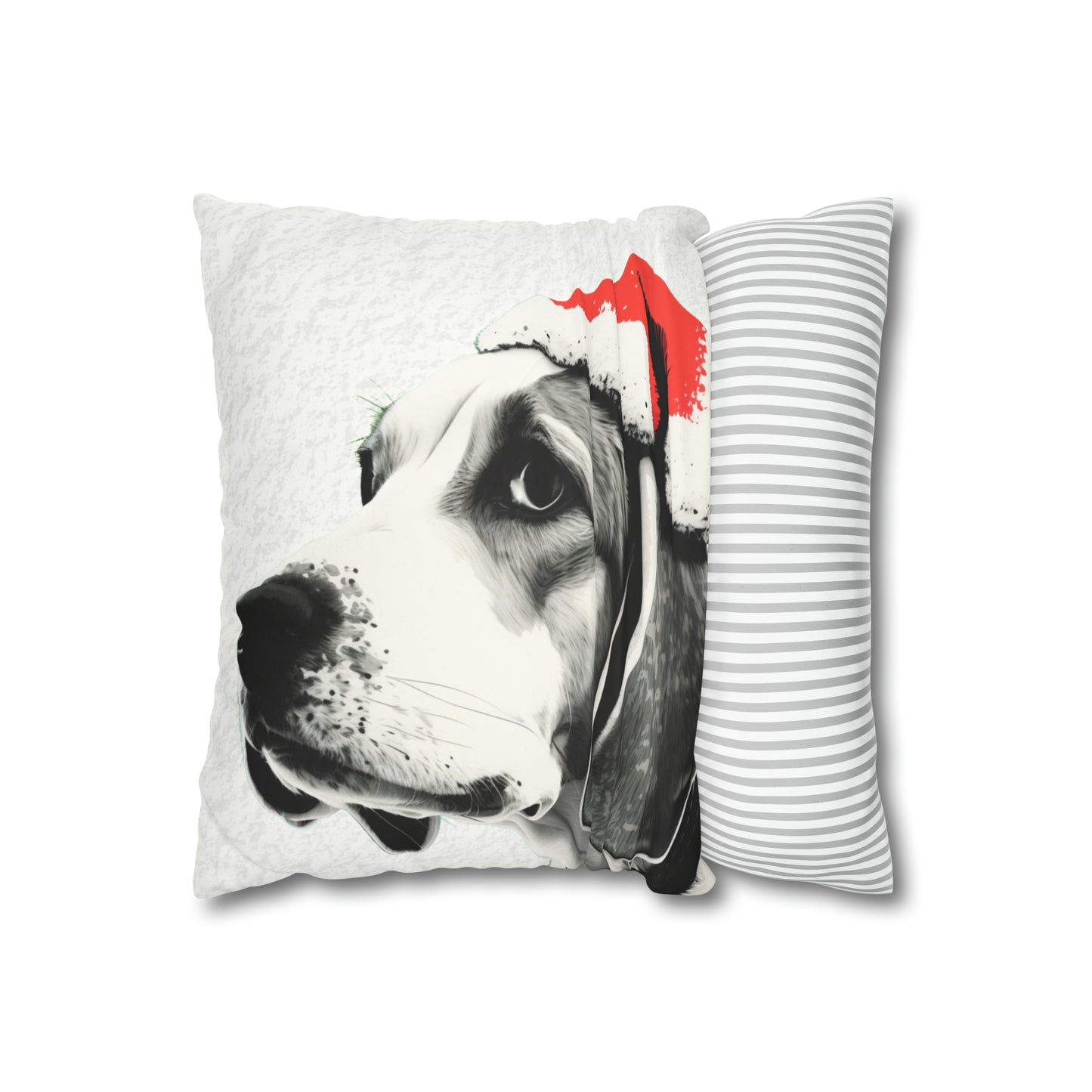 A cozy and festive white faux suede cushion cover featuring a charming Beagle in a Christmas setting. The cover is adorned with a joyful Beagle illustration surrounded by holiday motifs, capturing the essence of Christmas spirit and the playful nature of the beloved dog breed