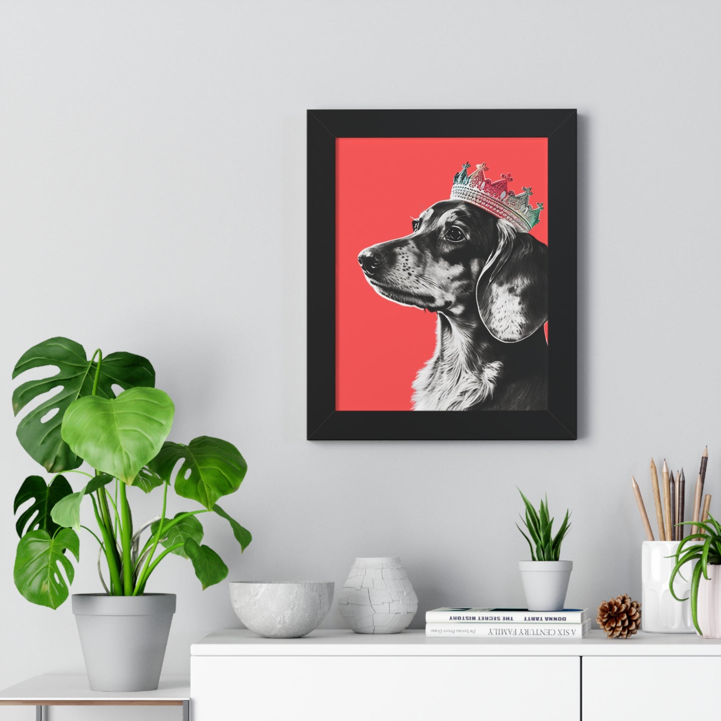 Dachshund on Coral Framed Art Print - Choice of White, Black, or Walnut Frame