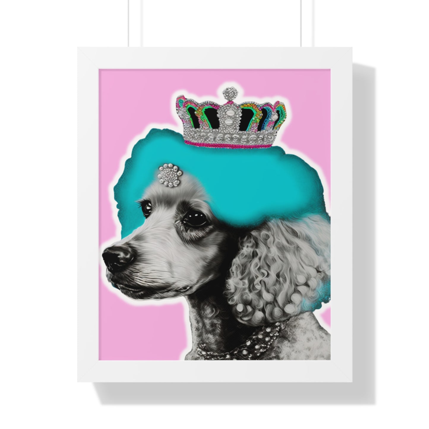 Framed Crowned Pop Art Poodle Print on Pink - Choose Walnut, White, or Black Frame