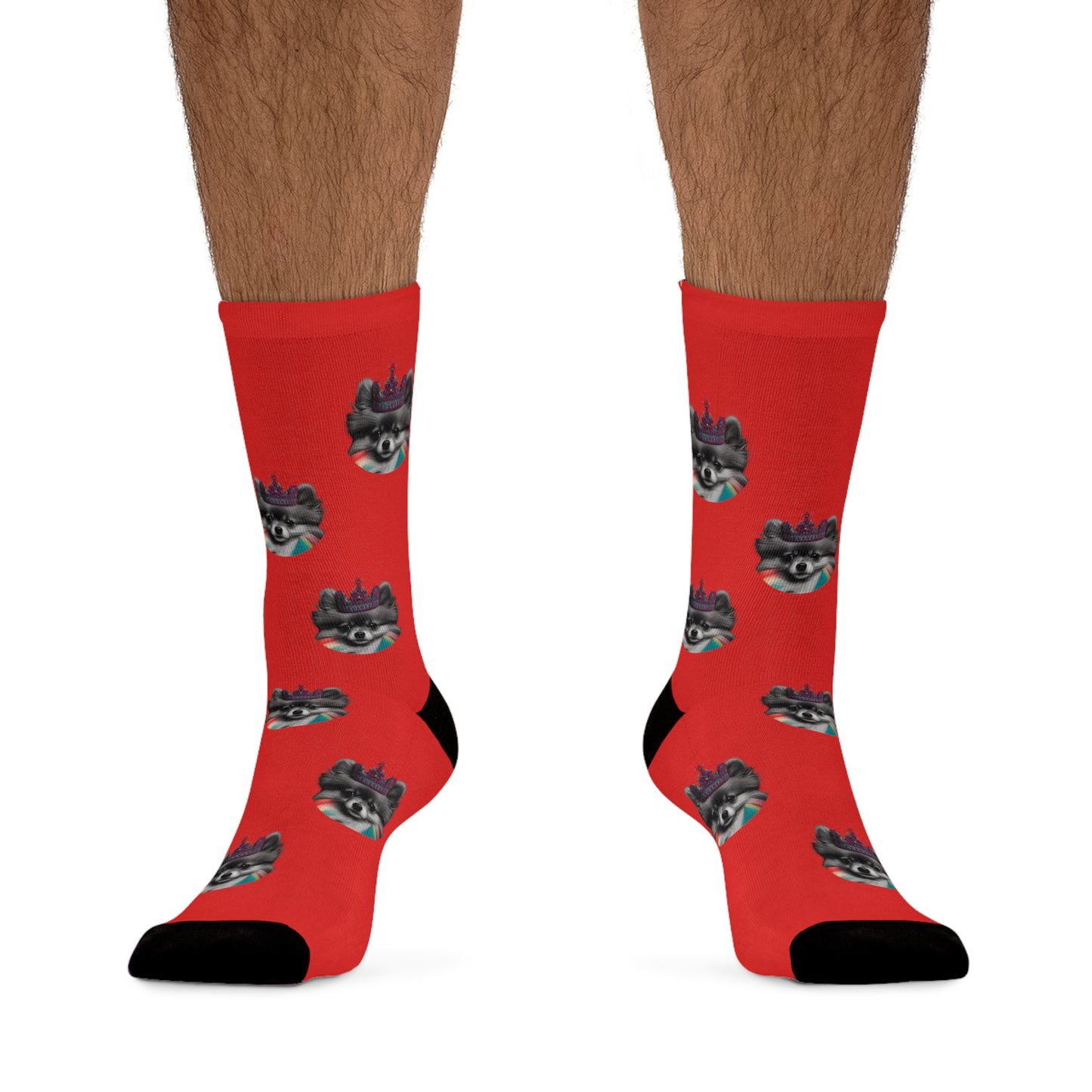 👑 Regal Pomeranian Elegance: Black and White Pomeranian Crown on Red Novelty Socks 🧦