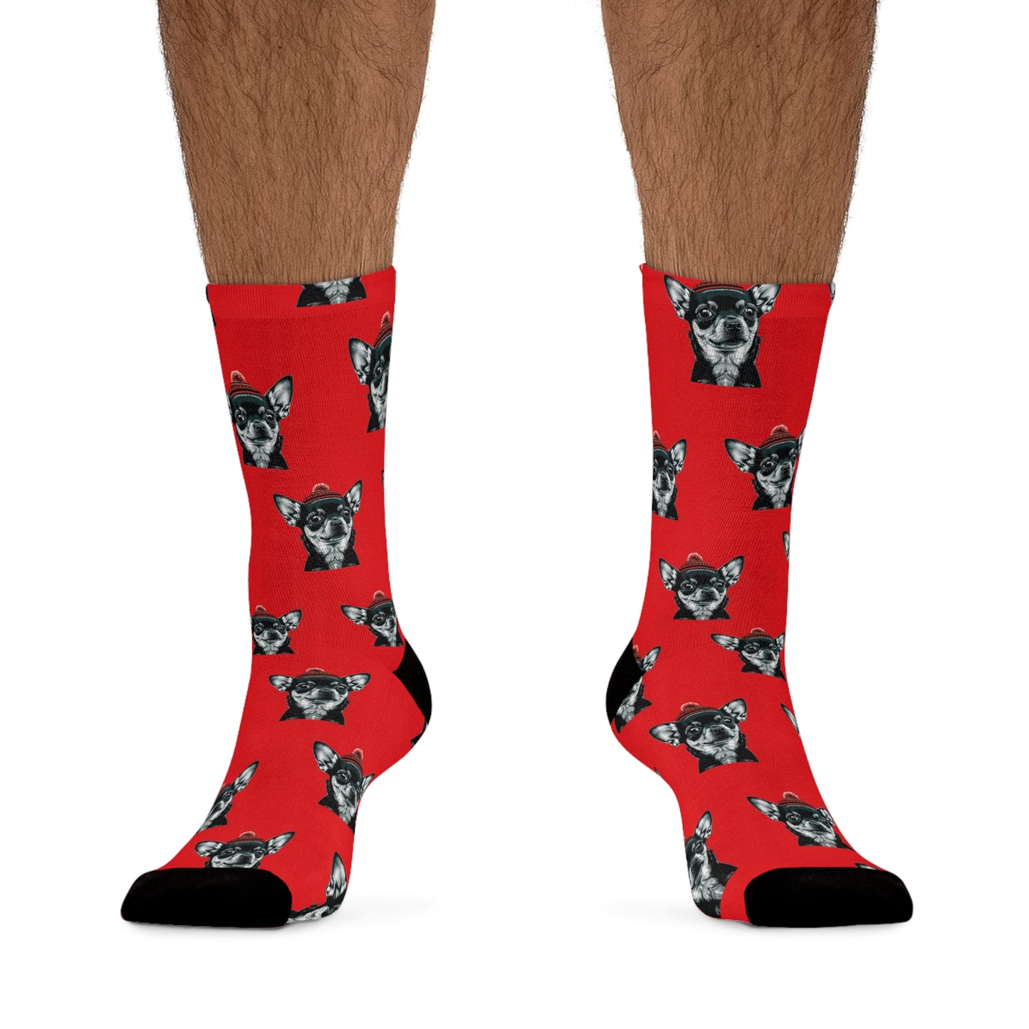  Charming Chihuahua Xmas Socks on Festive Red - Adorable holiday socks featuring a festive Chihuahua design on a cheerful red background, perfect for adding a touch of holiday cheer to your outfit.