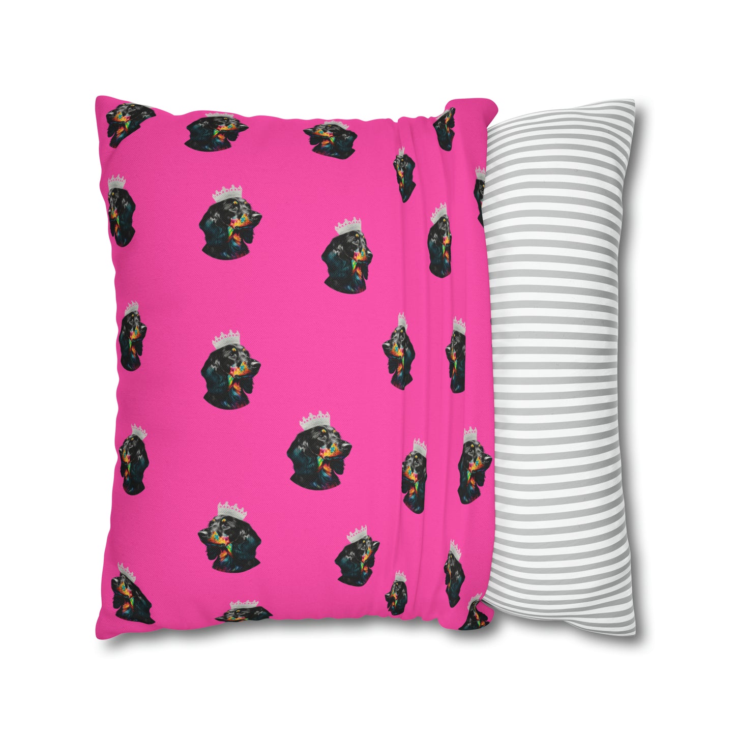 A whimsical cushion cover featuring a princess Dachshund in regal attire on a pink background, perfect for adding a touch of canine royalty to your home decor.