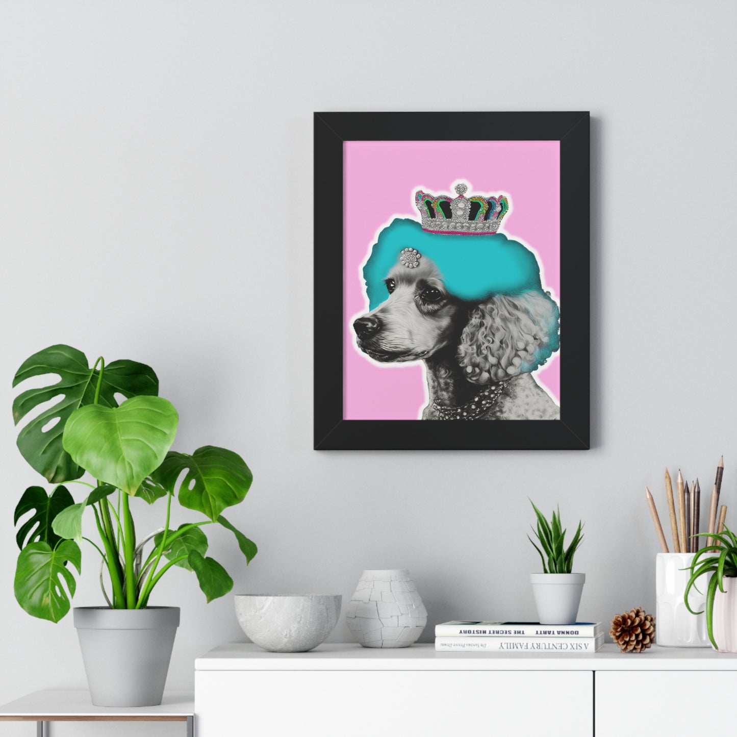 Framed Crowned Pop Art Poodle Print on Pink - Choose Walnut, White, or Black Frame