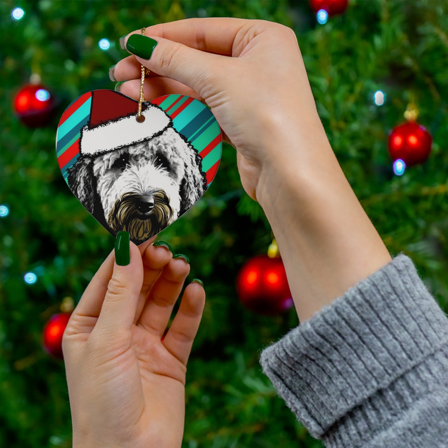 Candy Stripe Labradoodle Christmas Ornament - Circle or Heart 🎄🐕‍🦺❤️