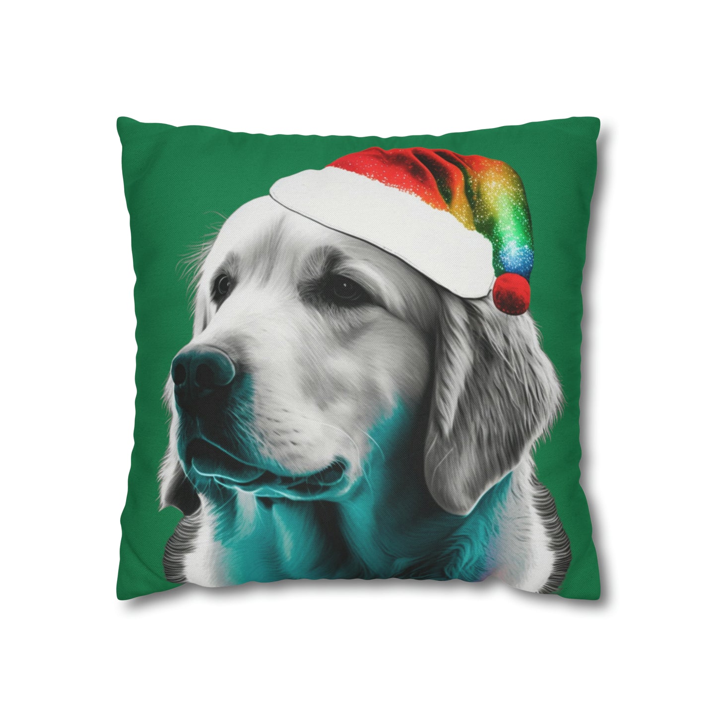 A PopArt depiction of a Golden Retriever wearing a colorful Santa hat set against a festive green background, perfect for holiday decorating.