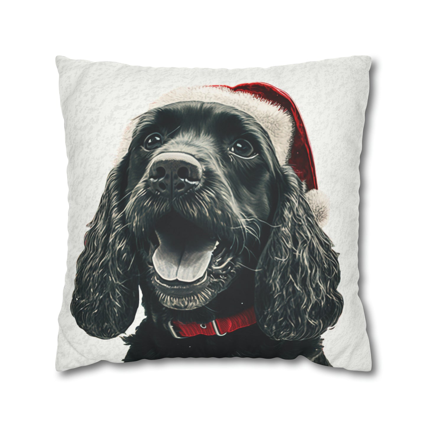 A luxurious faux suede Christmas cushion cover featuring a charming illustration of a cocker spaniel in festive holiday attire, set against a background of classic Christmas motifs like snowflakes and presents. The cushion cover displays vibrant colors, mainly red, green, and white, symbolizing traditional Christmas cheer