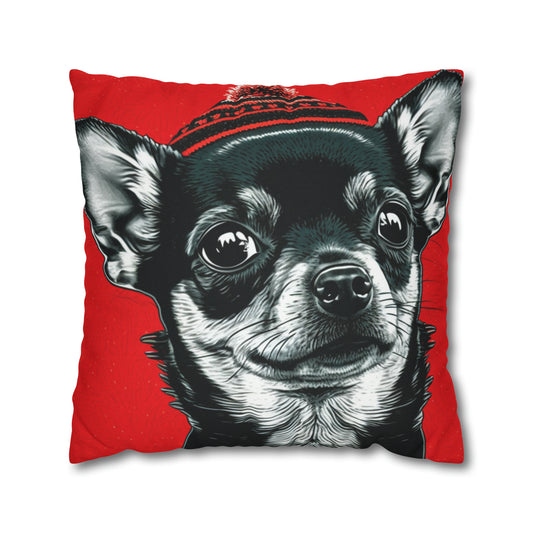 Charming Chihuahua Xmas Cushion Cover on Festive Red - An adorable holiday-themed cushion cover featuring a cheerful Chihuahua in a Christmas setting on a festive red background, perfect for adding holiday cheer to your home decor.