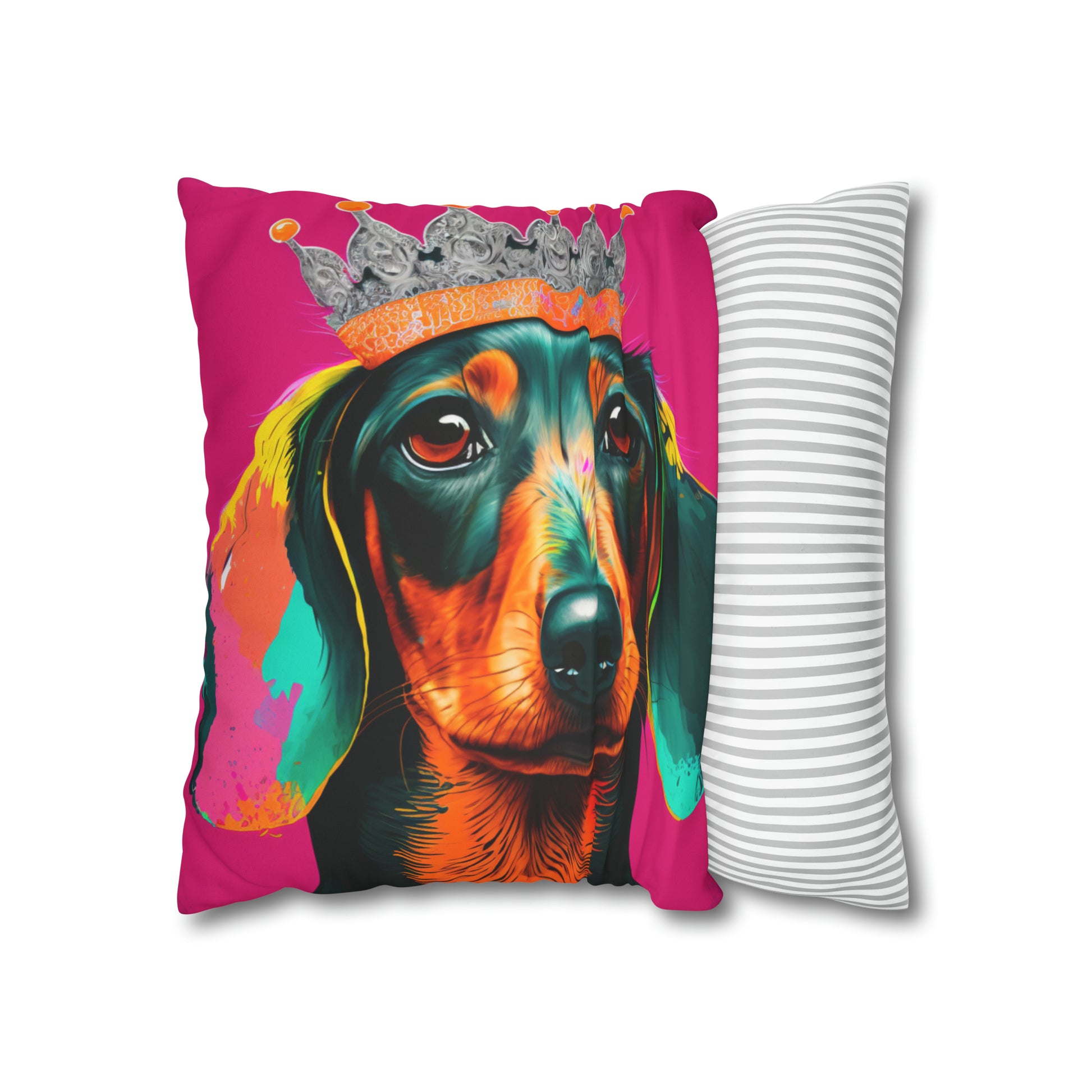 Vibrant Pop Art Crowned Dachshund - Faux Suede Wall Art: A playful and colorful Dachshund adorned with a crown, perfect for adding a touch of whimsy to your home decor.